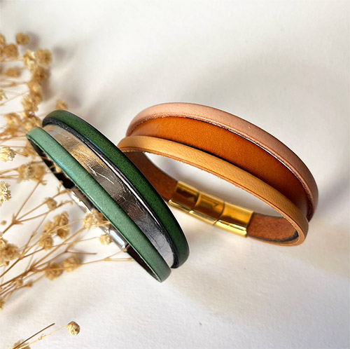 Two-tone women's leather cuff bracelet with hidden engraved message