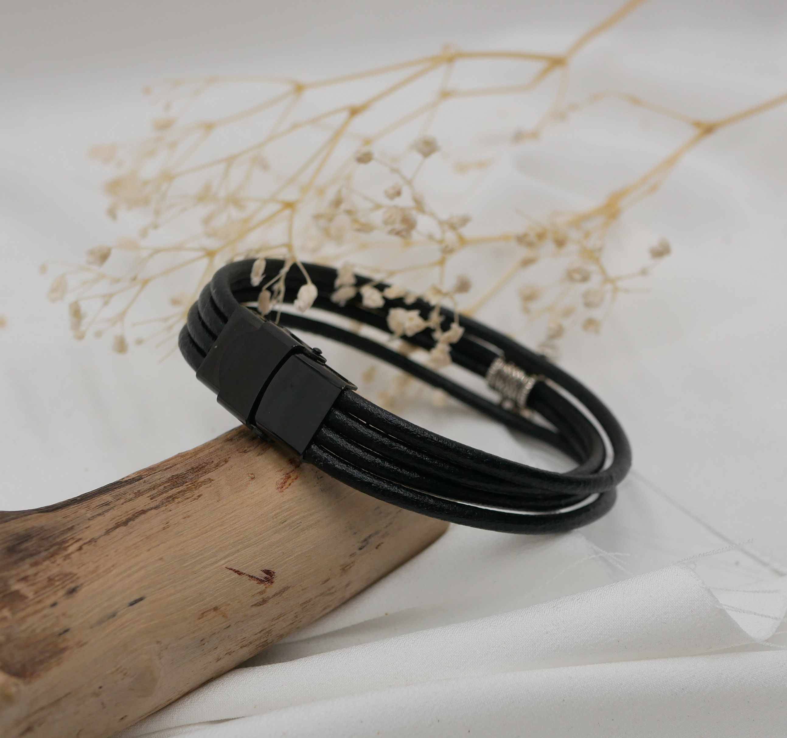 Black leather cuff bracelet with silver charm pendant of your choice