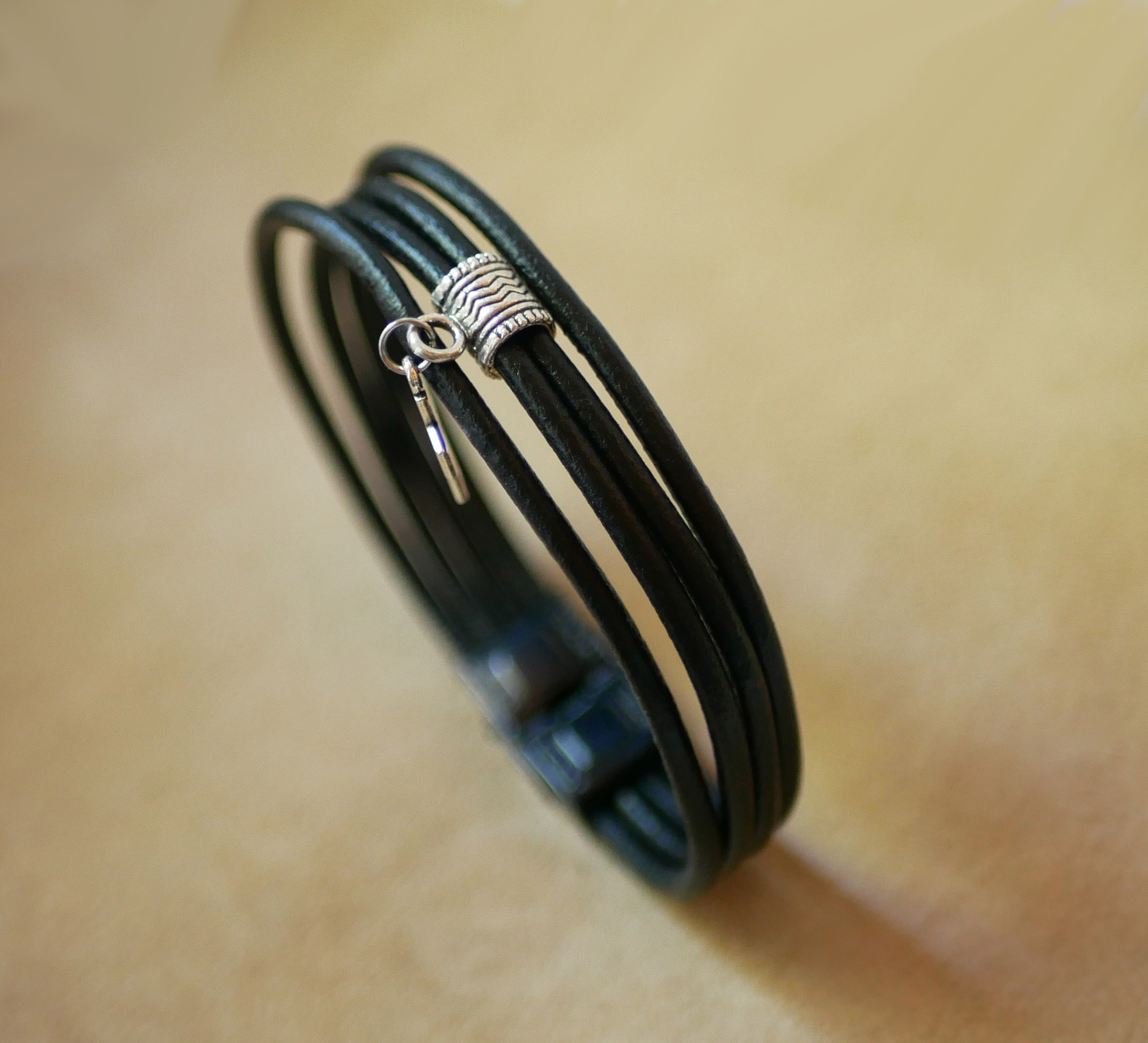 Black leather cuff bracelet with silver charm pendant of your choice