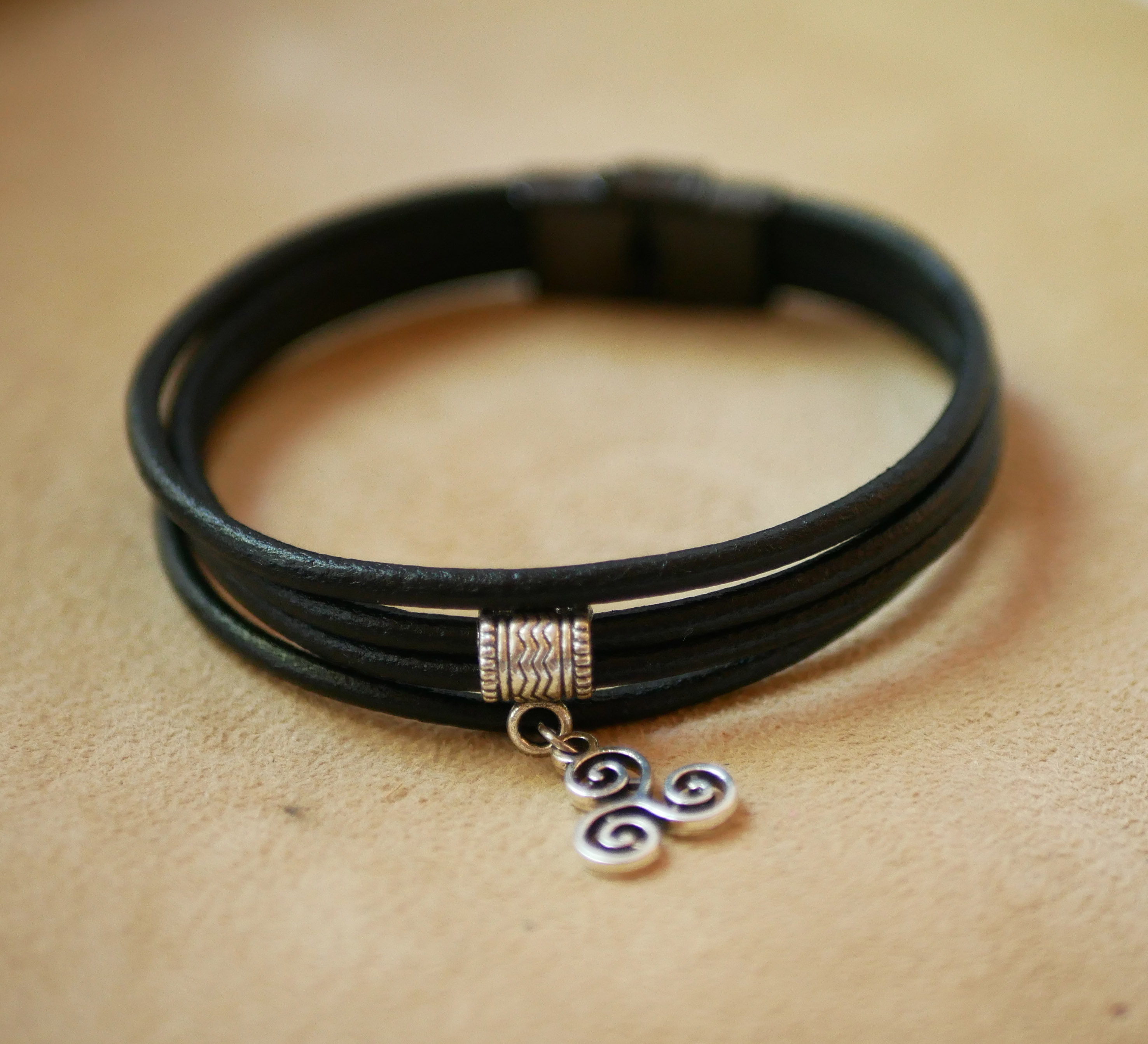 Black leather cuff bracelet with silver charm pendant of your choice