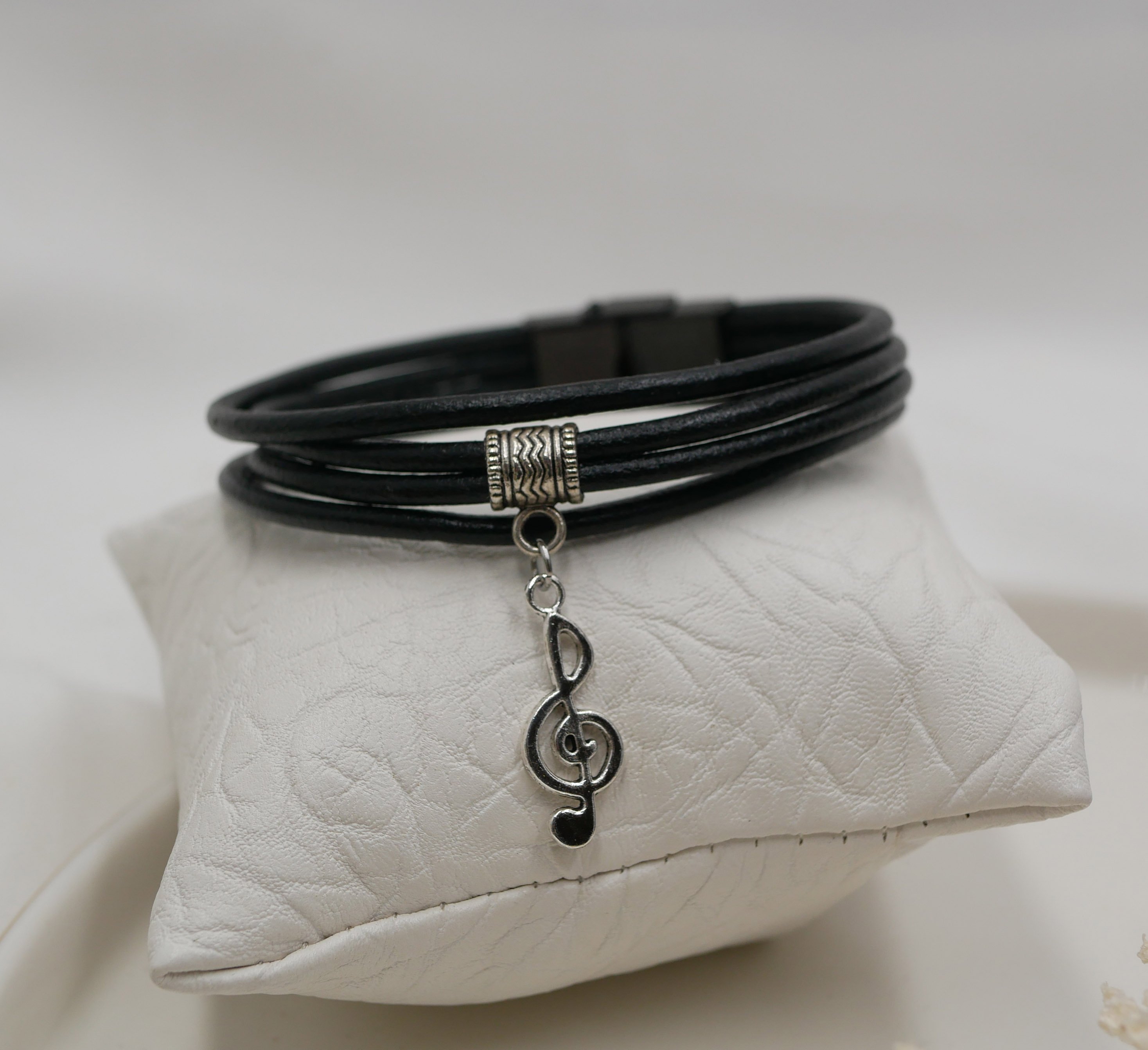 Black leather cuff bracelet with silver charm pendant of your choice