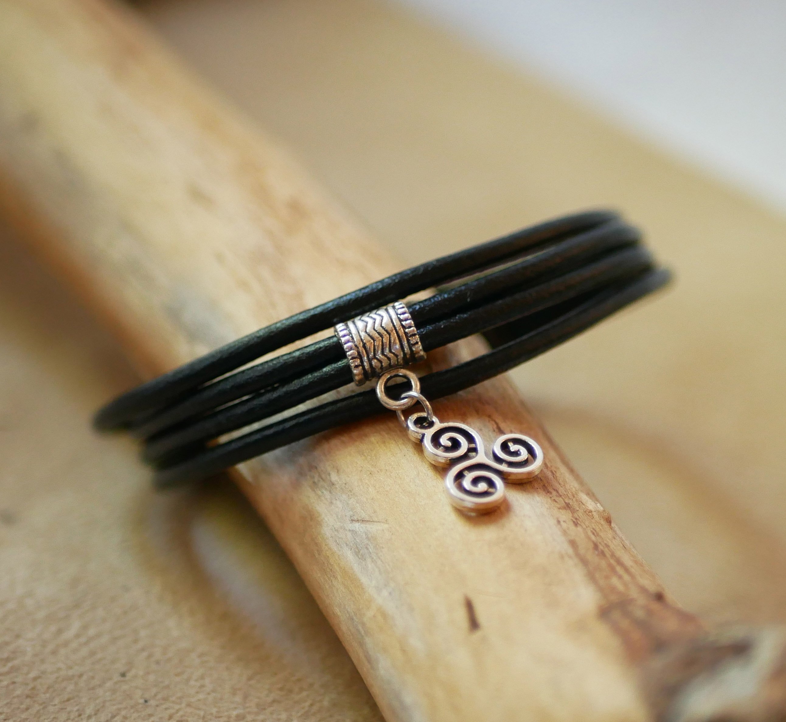 Black leather cuff bracelet with silver charm pendant of your choice