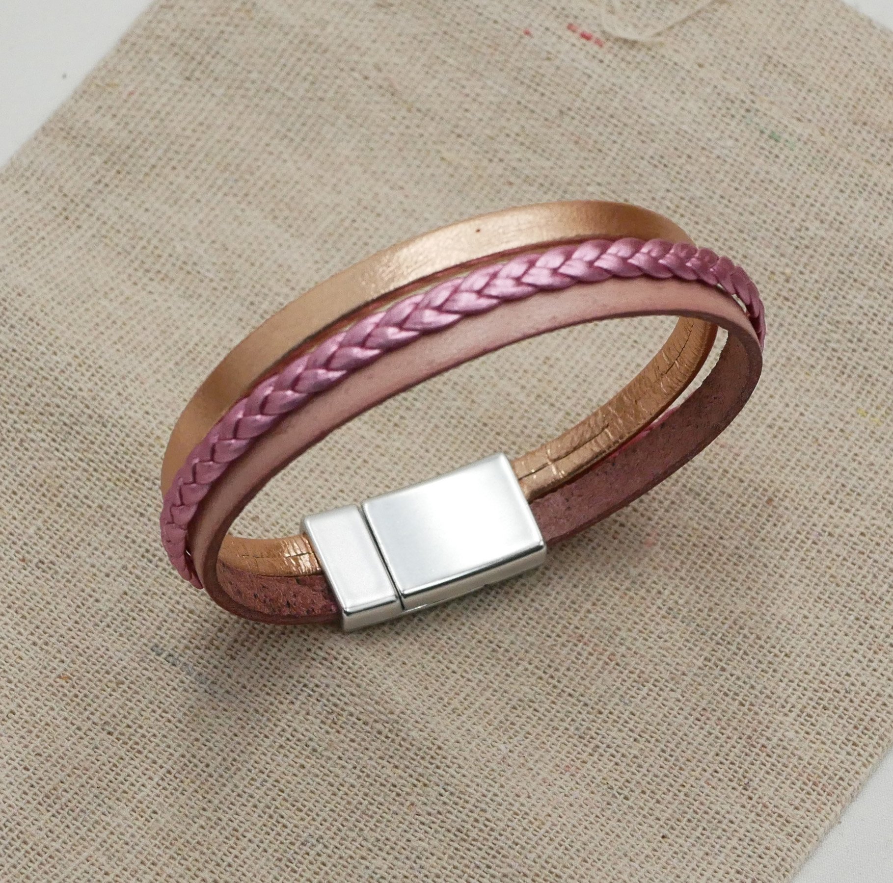 Customizable cuff bracelet in pink laminated and peach leathers