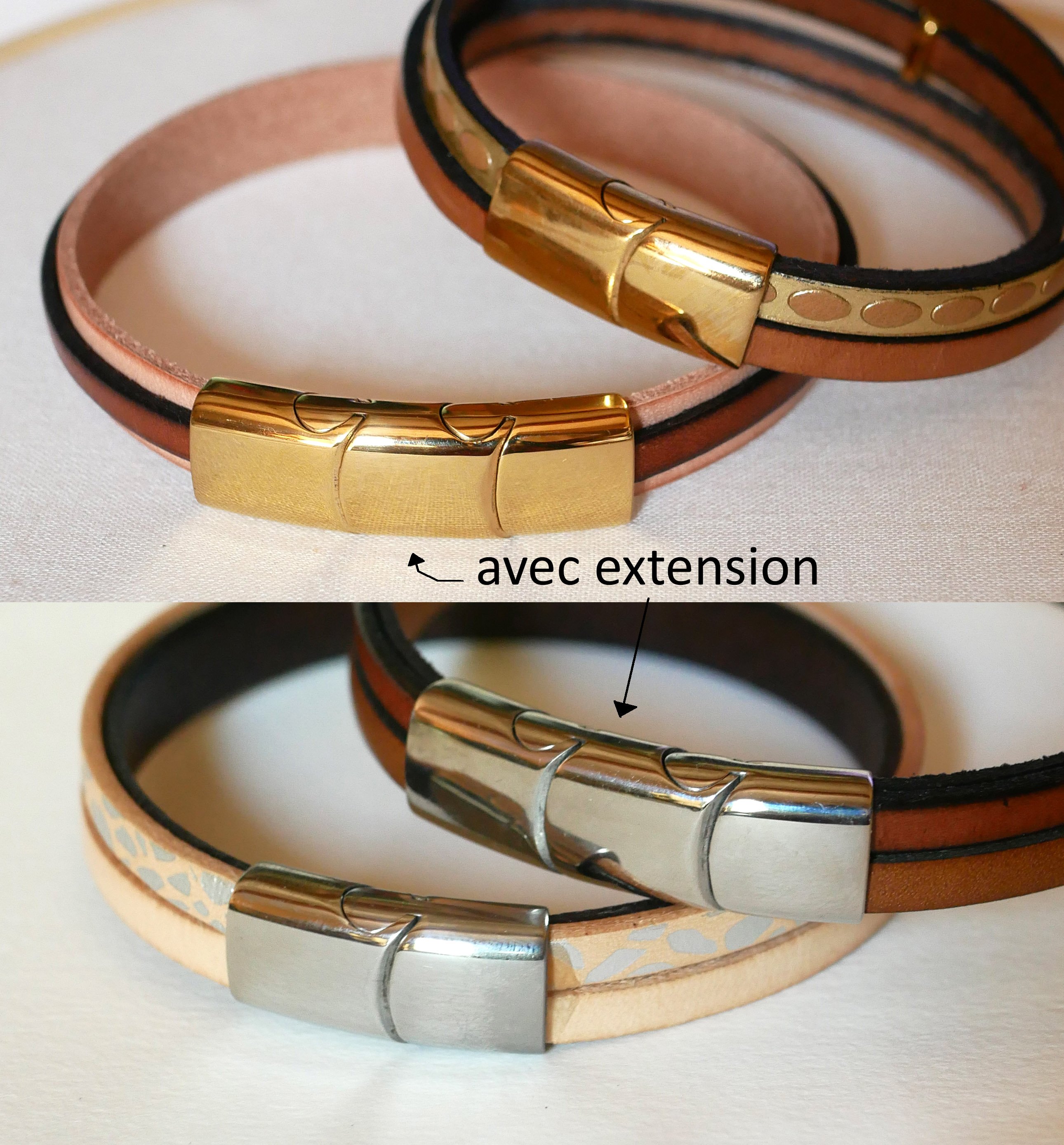 Women's cuff bracelet in natural and silvered leathers 