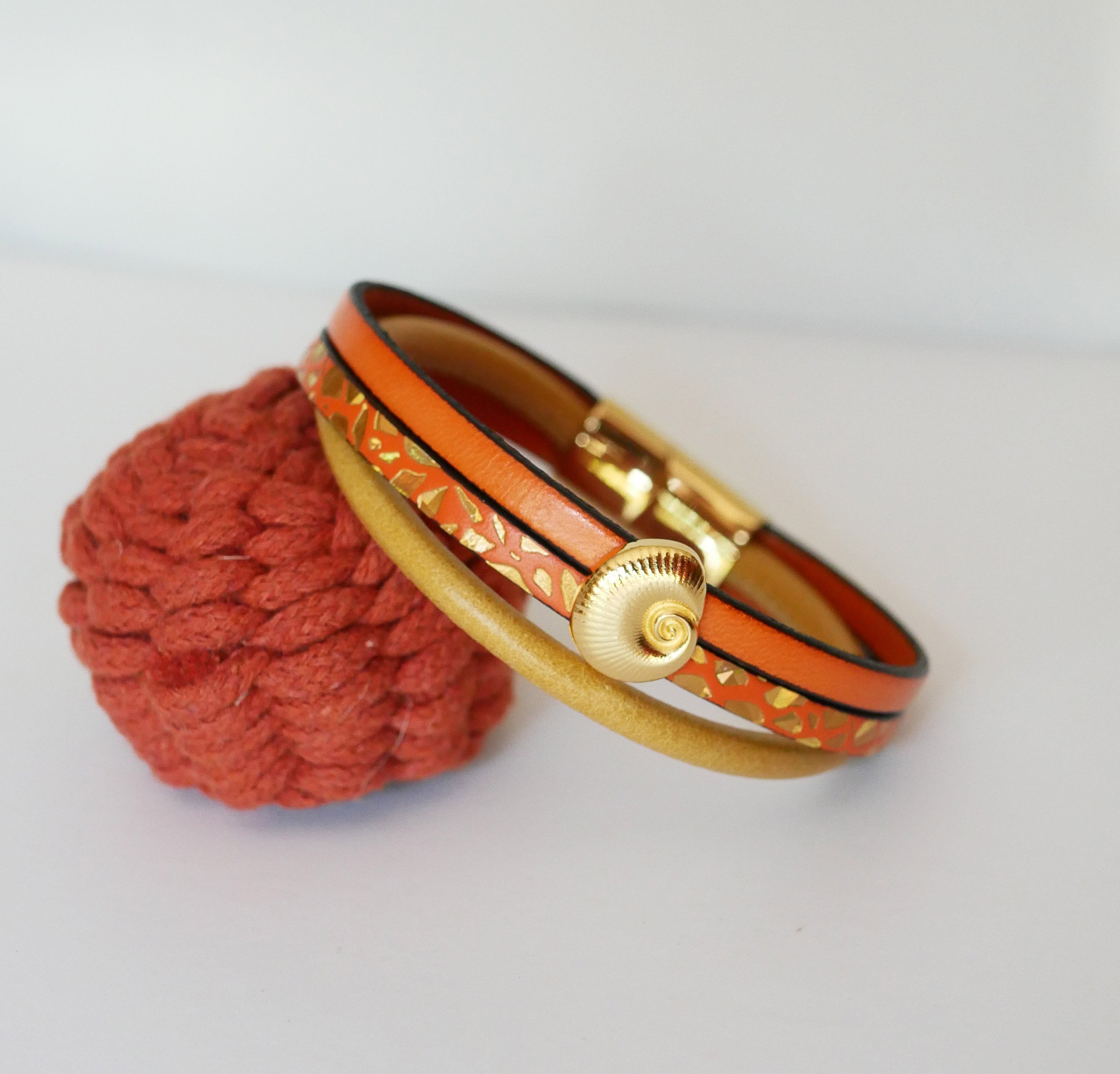 Women's gold cuff bracelet Gold and orange shell