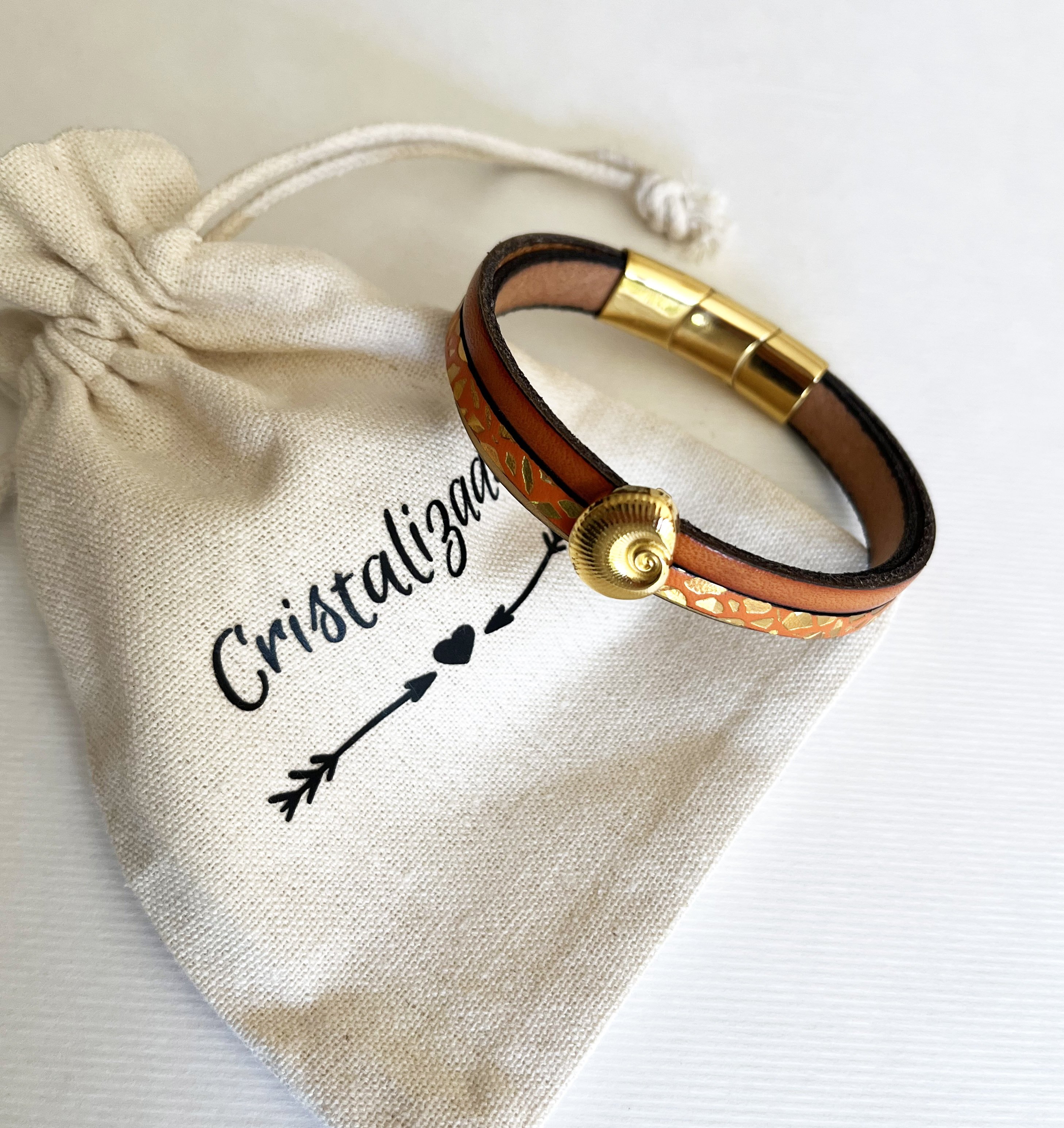 Women's gold cuff bracelet Gold and orange shell