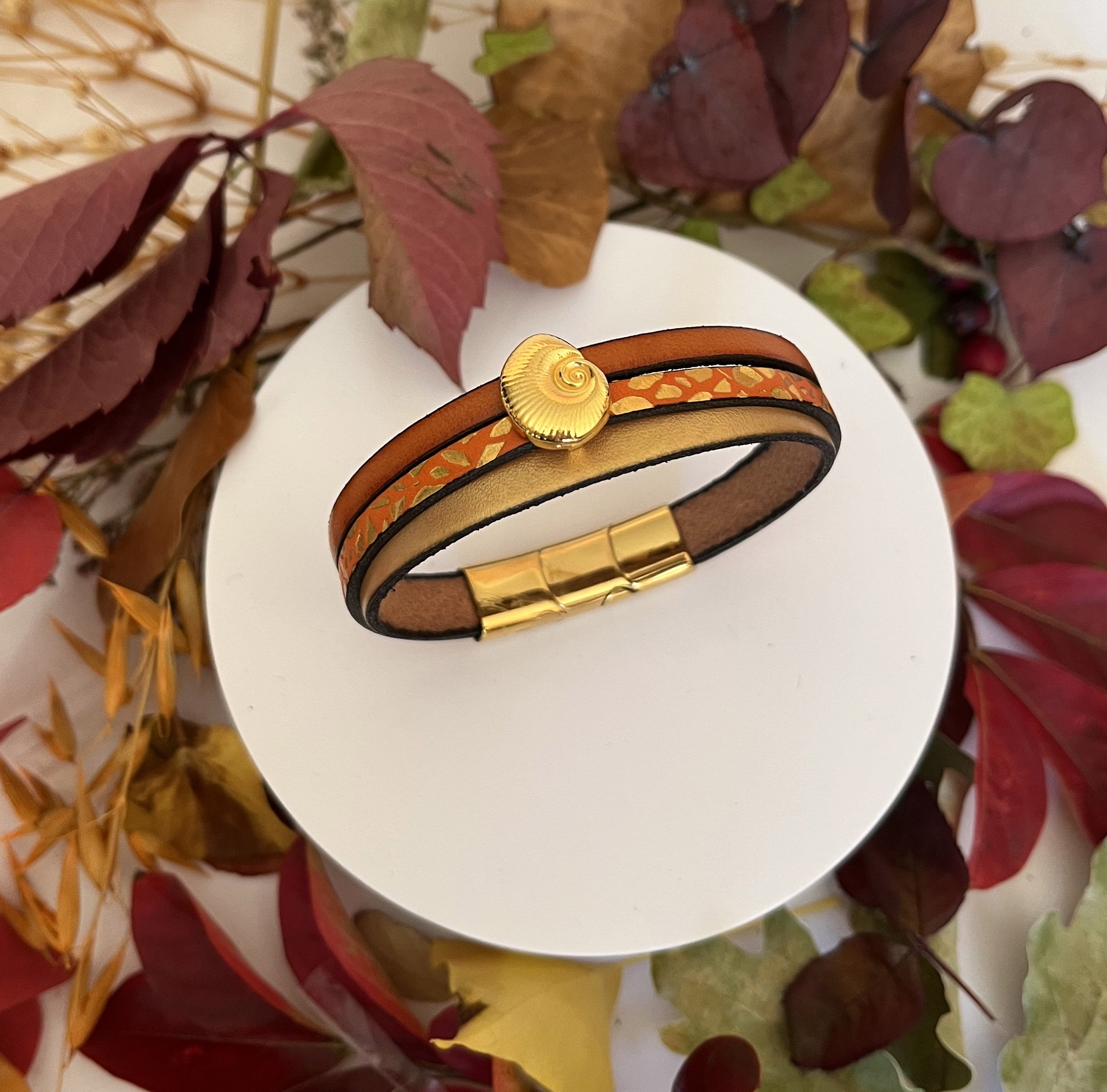 Women's gold cuff bracelet Gold and orange shell