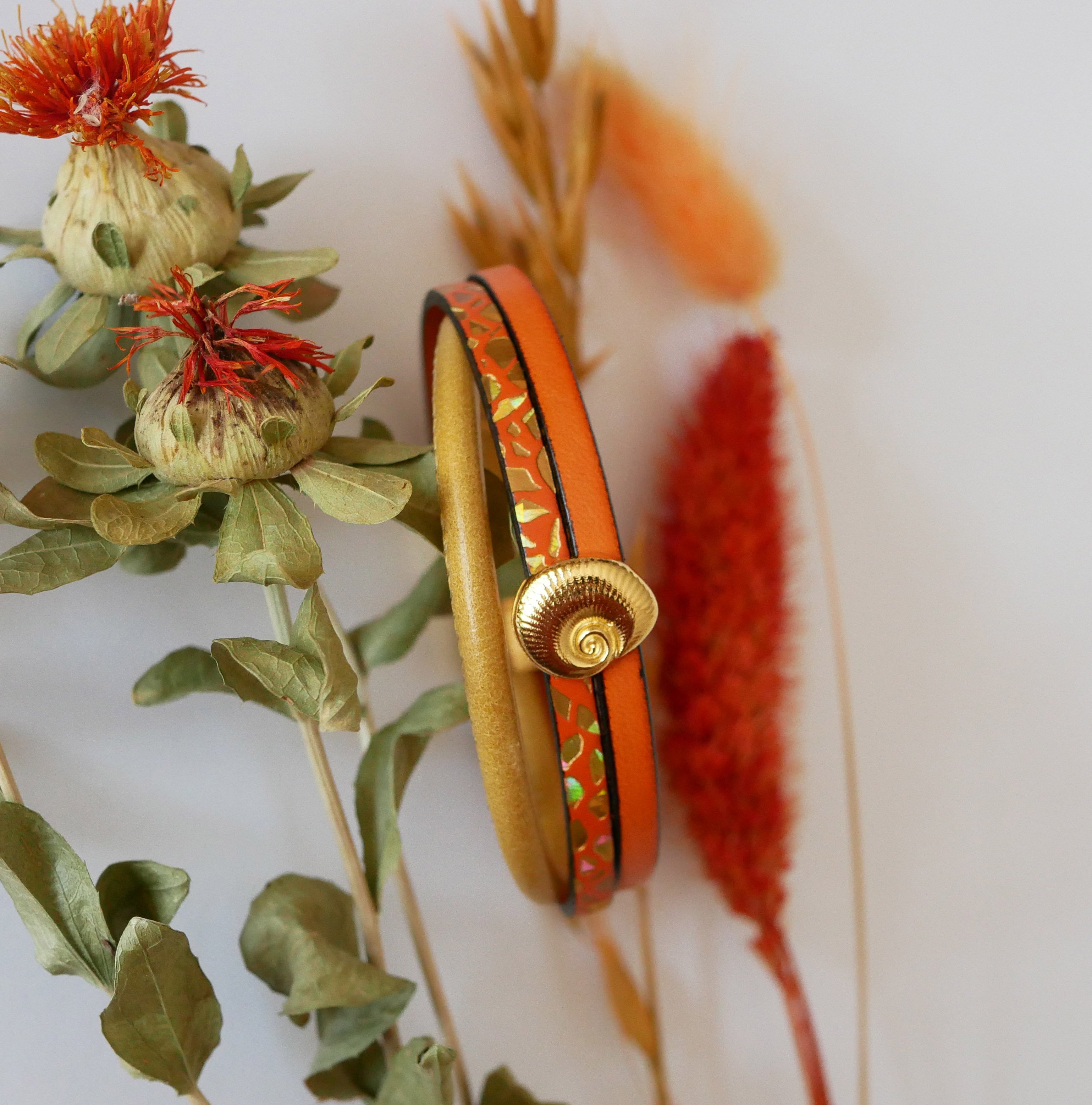 Women's gold cuff bracelet Gold and orange shell
