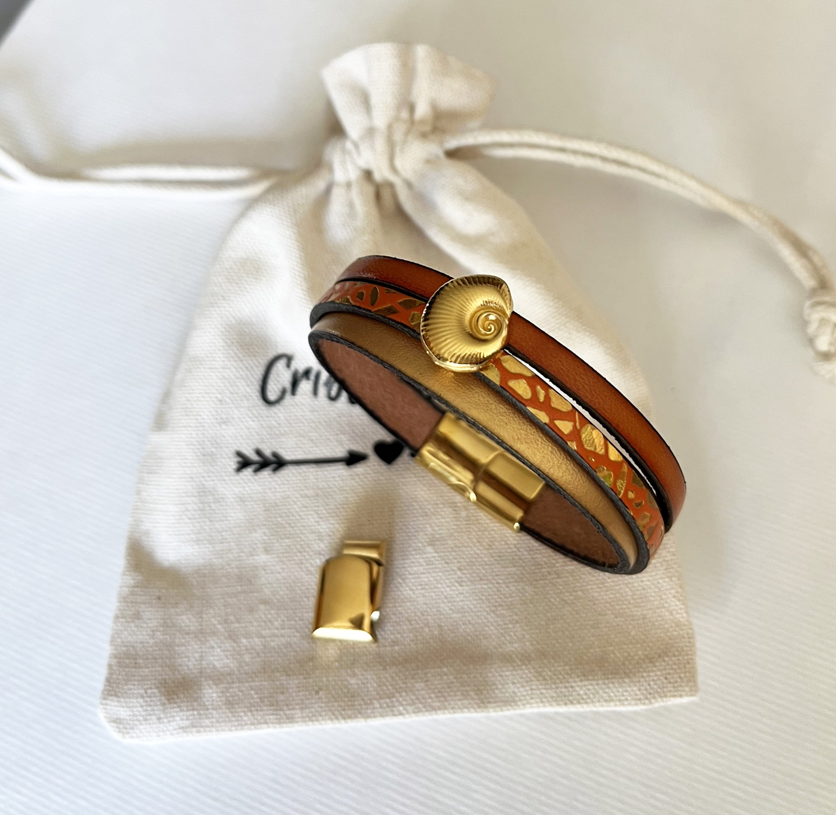 Women's gold cuff bracelet Gold and orange shell