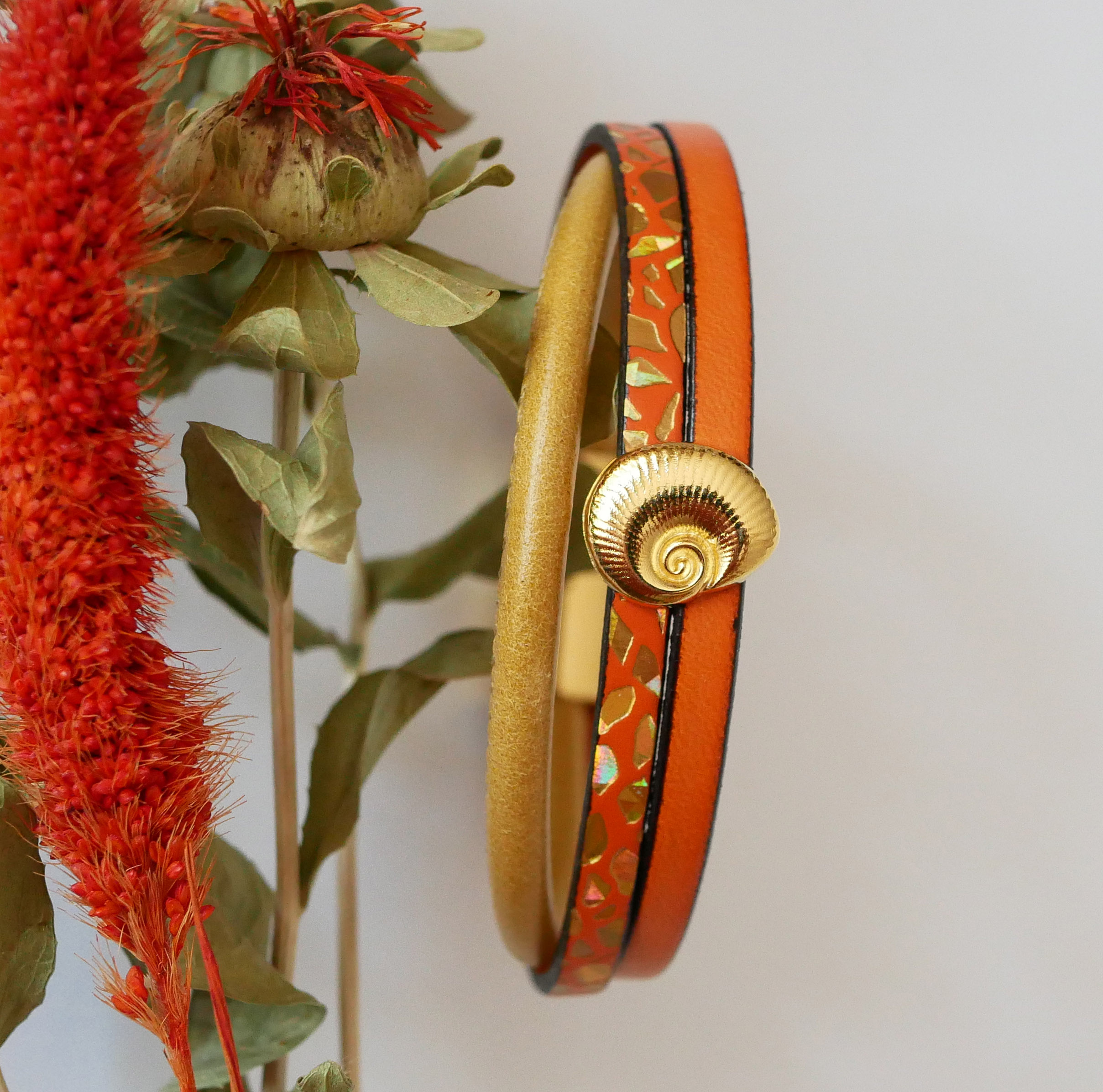 Women's gold cuff bracelet Gold and orange shell