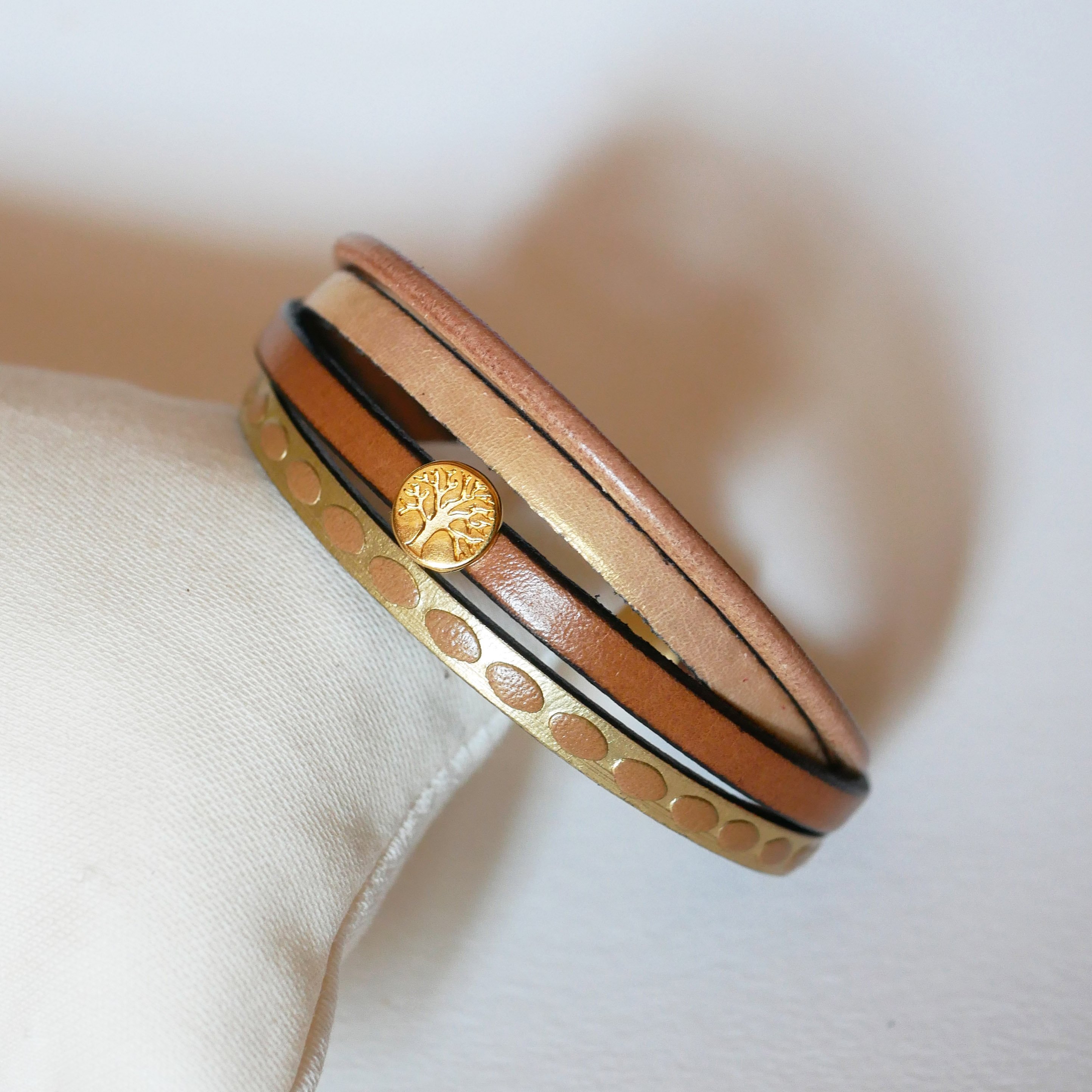 Women's gold cuff bracelet mini cabochon Tree of life