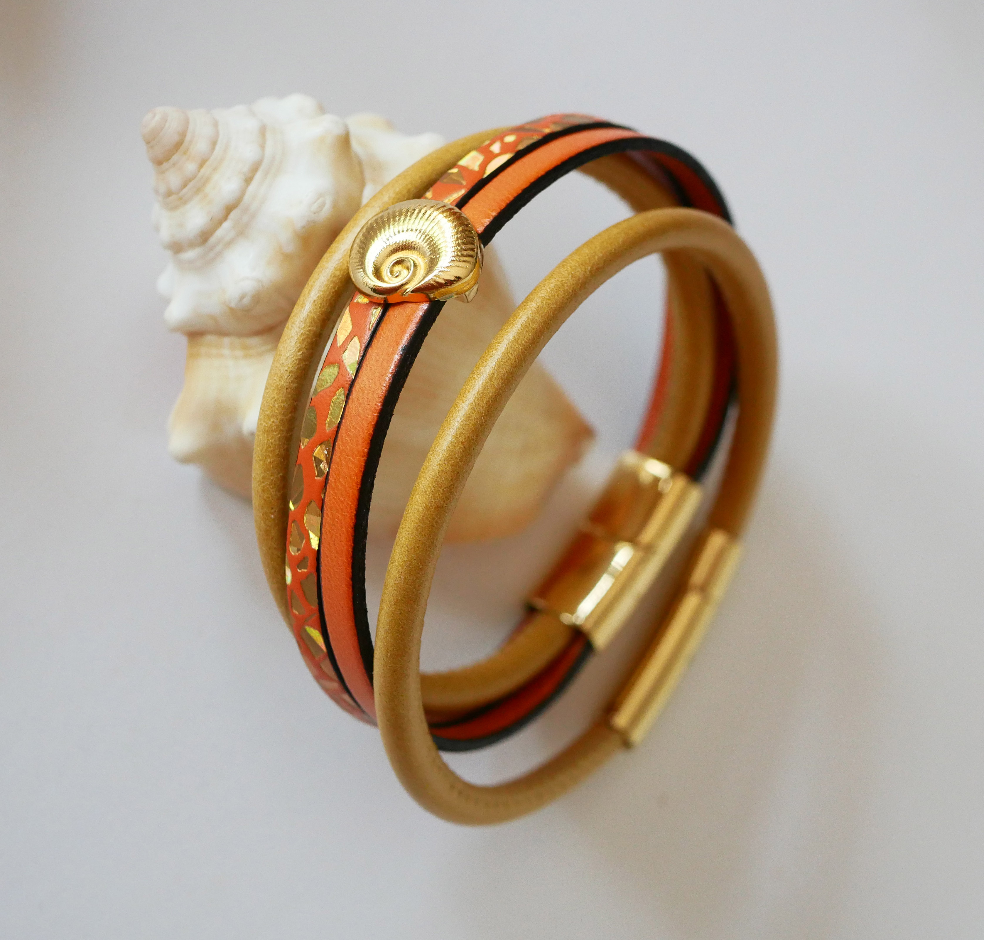 Women's gold cuff bracelet Gold and orange shell