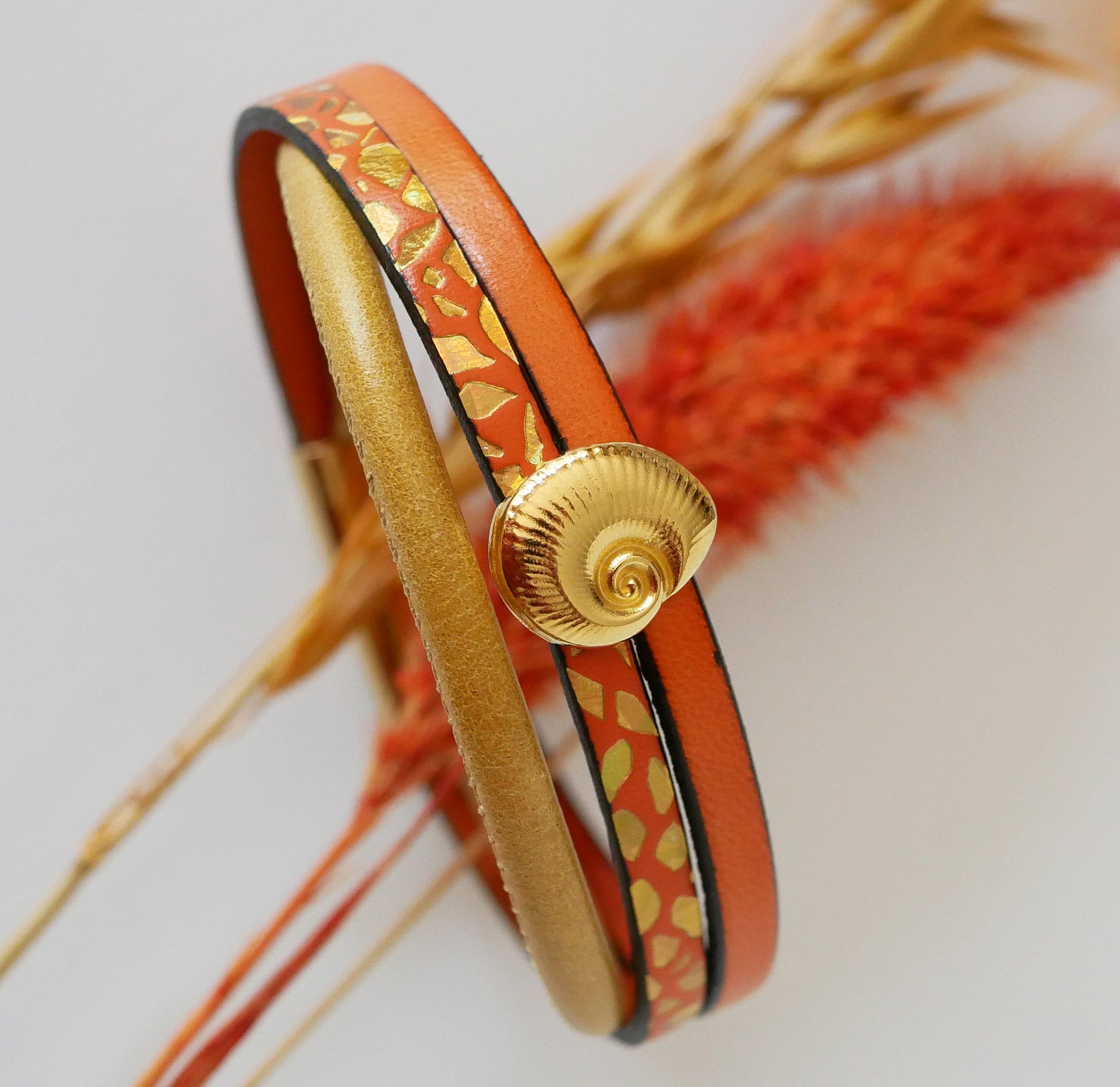Women's gold cuff bracelet Gold and orange shell