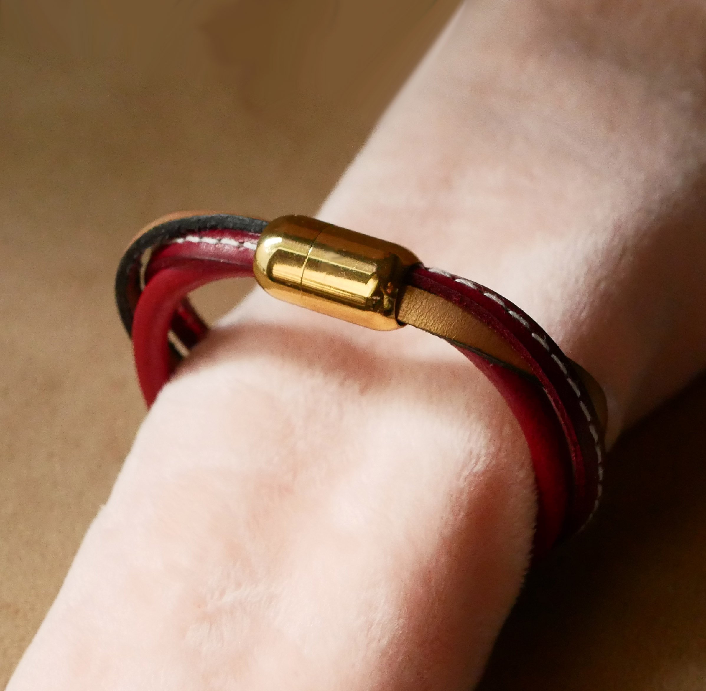 Red and Gold multi-leather women's cuff bracelet