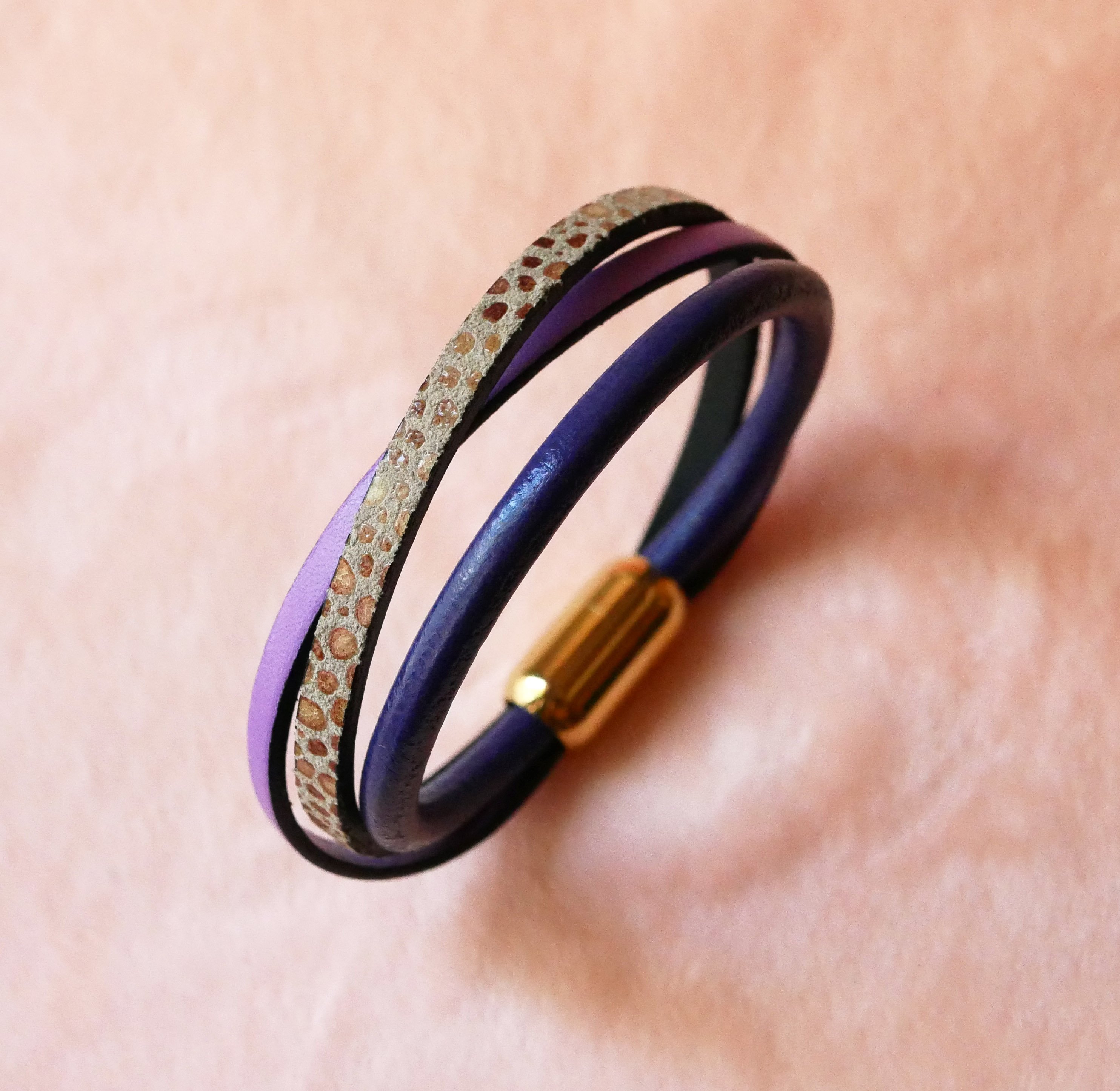 Purple and gold multi-leather women's cuff bracelet