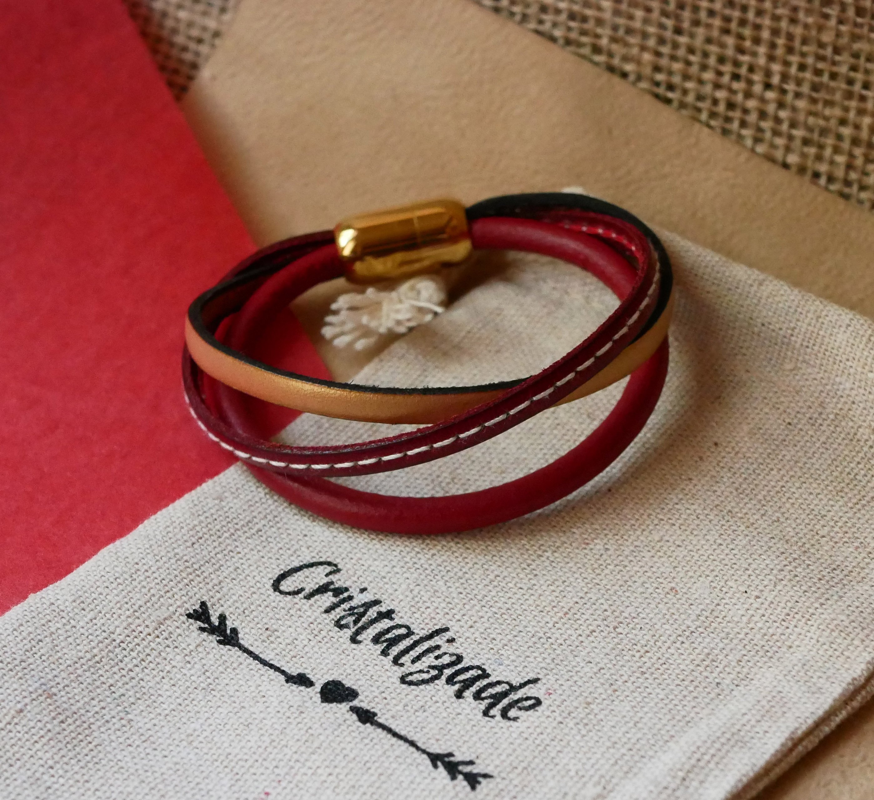 Red and Gold multi-leather women's cuff bracelet