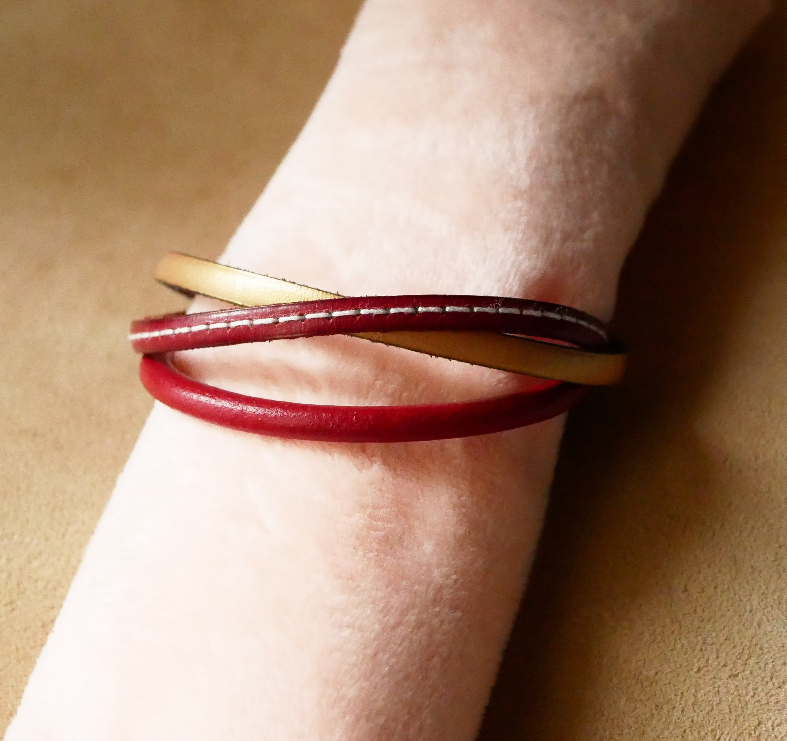 Red and Gold multi-leather women's cuff bracelet