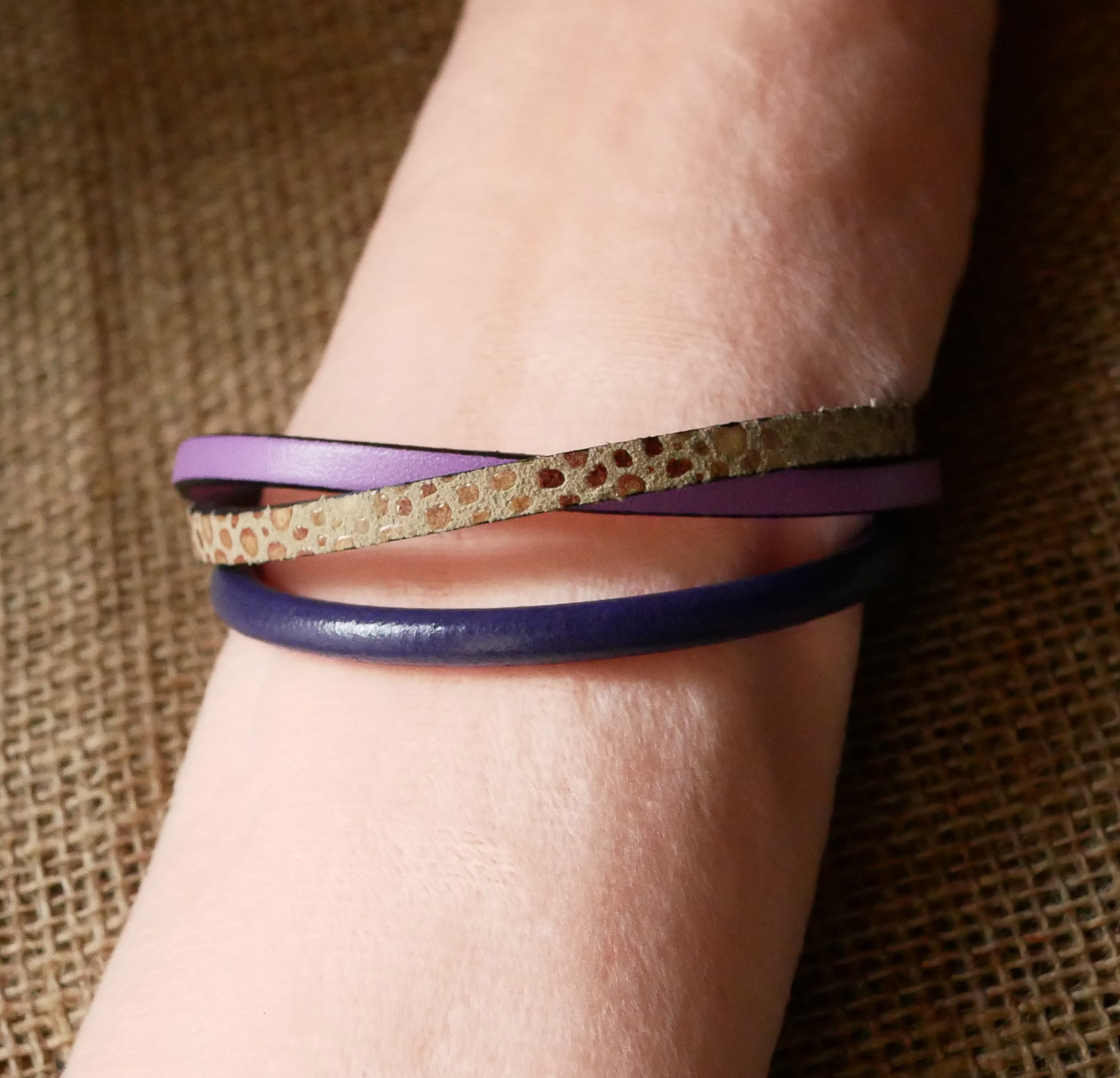 Purple and gold multi-leather women's cuff bracelet