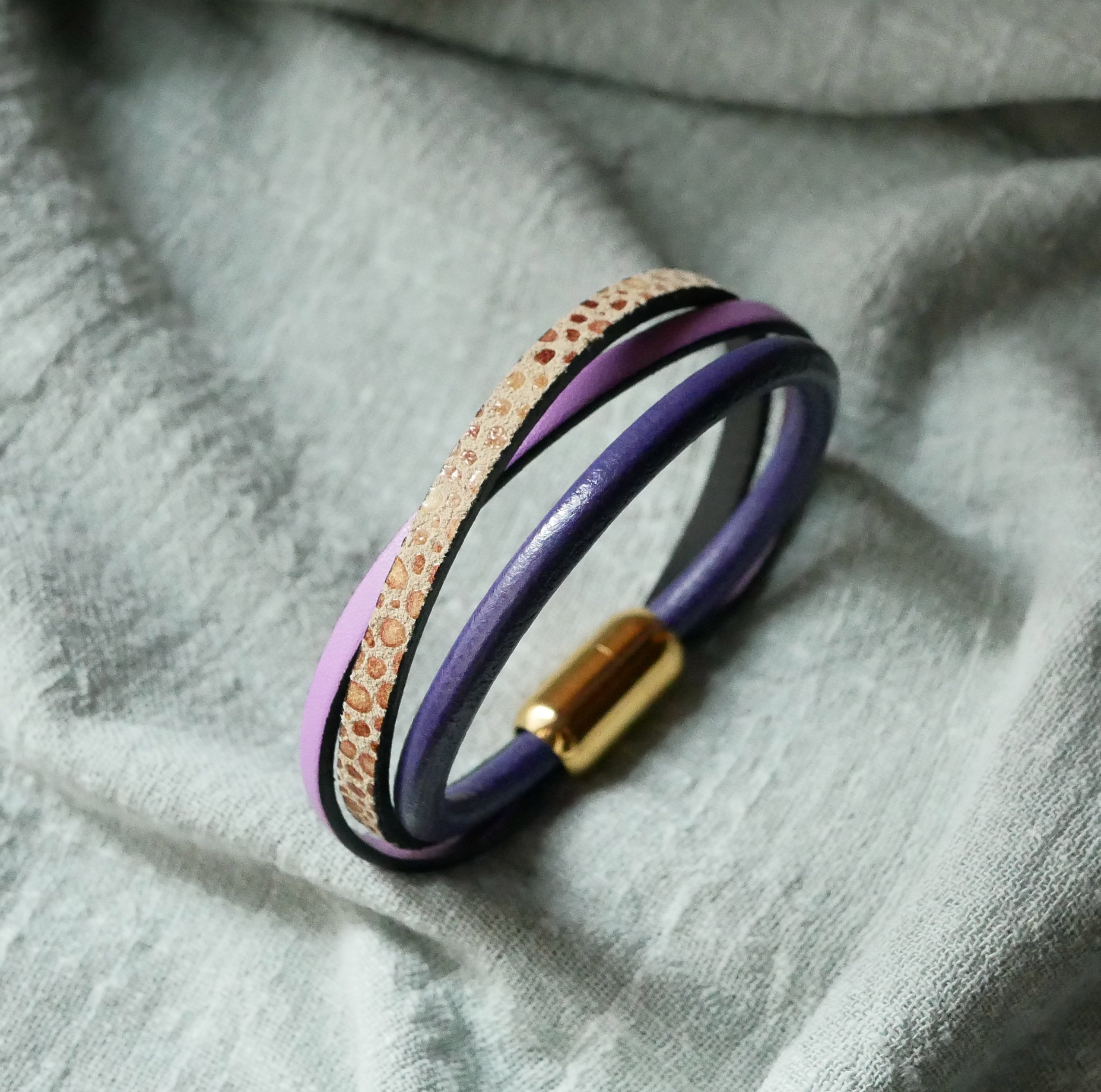Purple and gold multi-leather women's cuff bracelet
