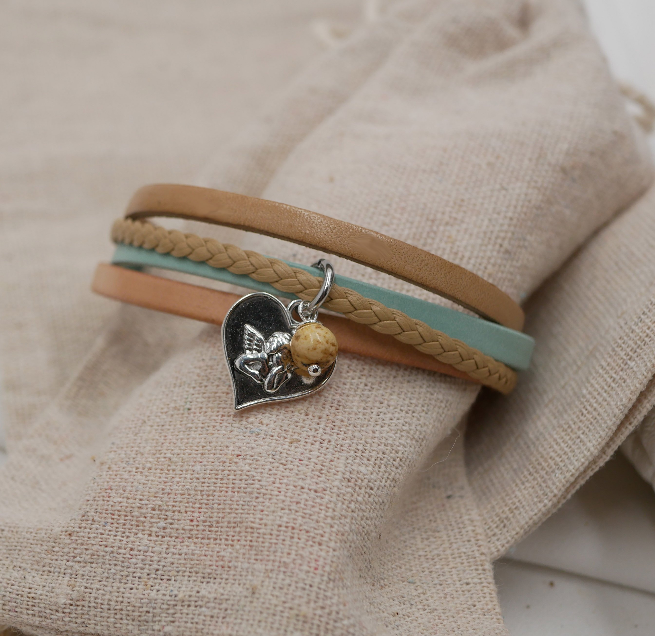 Multi-leather women's cuff bracelet Beige sand pendant of your choice