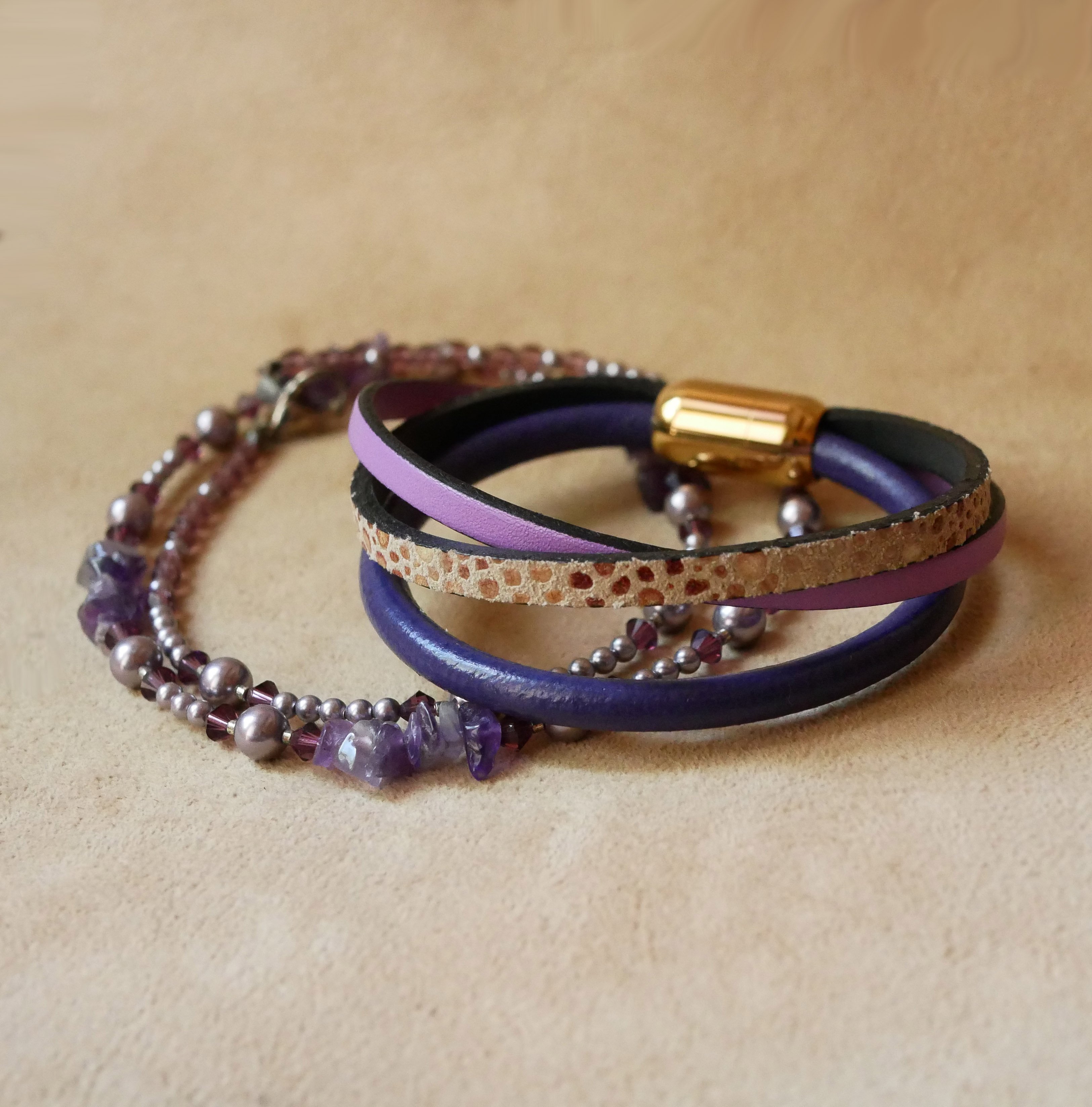 Purple and gold multi-leather women's cuff bracelet