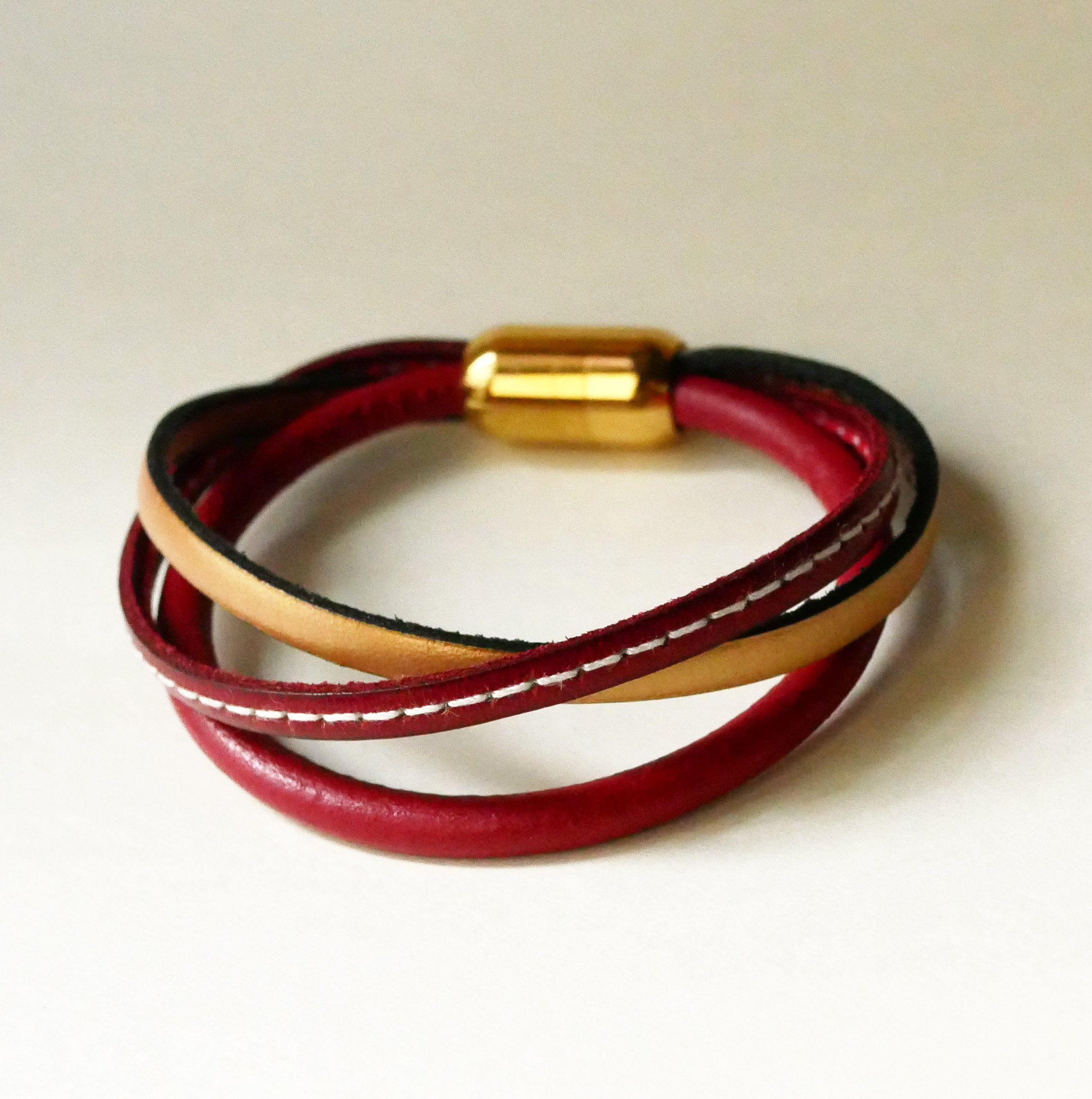 Red and Gold multi-leather women's cuff bracelet