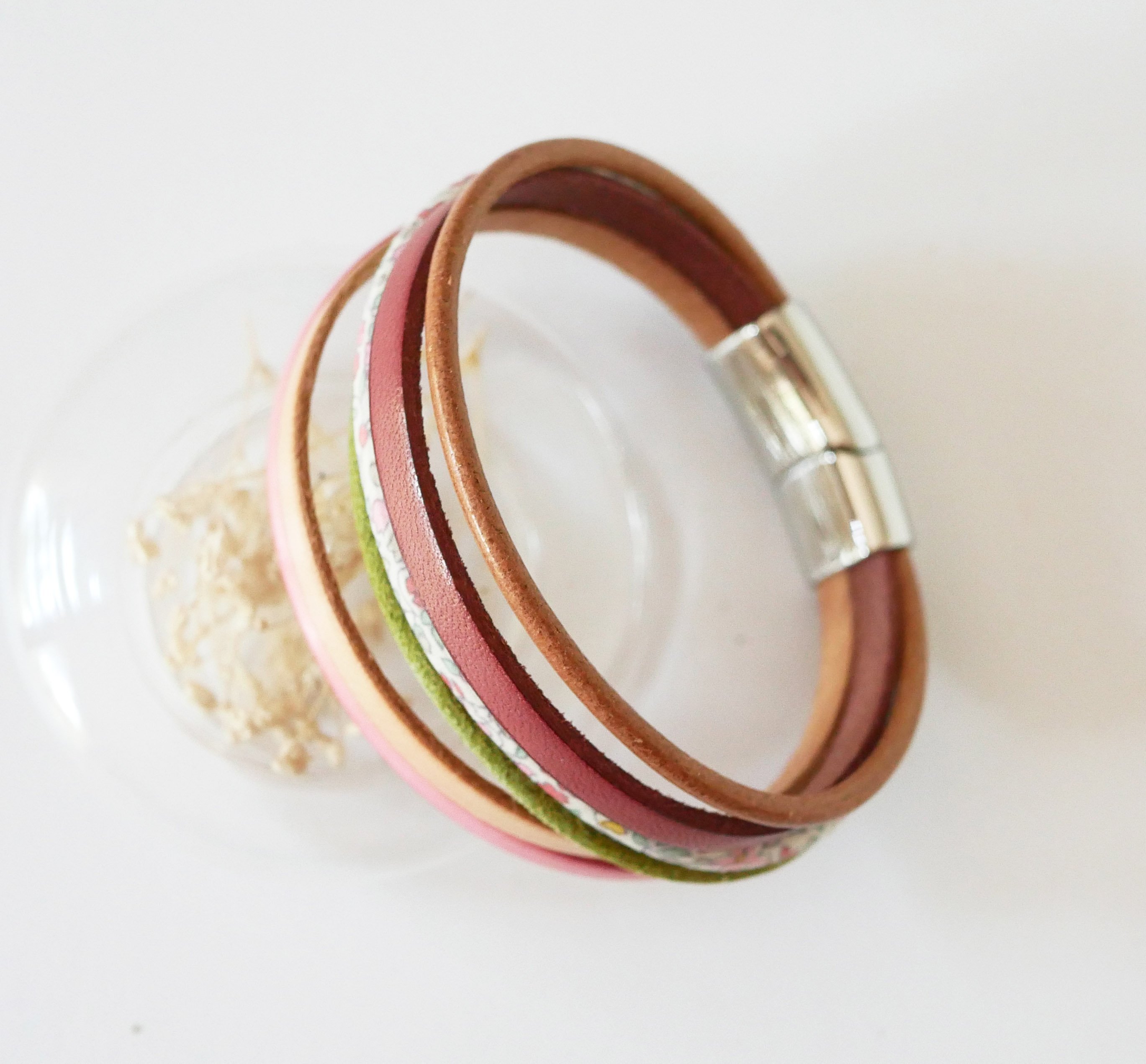 Pastel leather and floral Liberty cord cuff bracelet