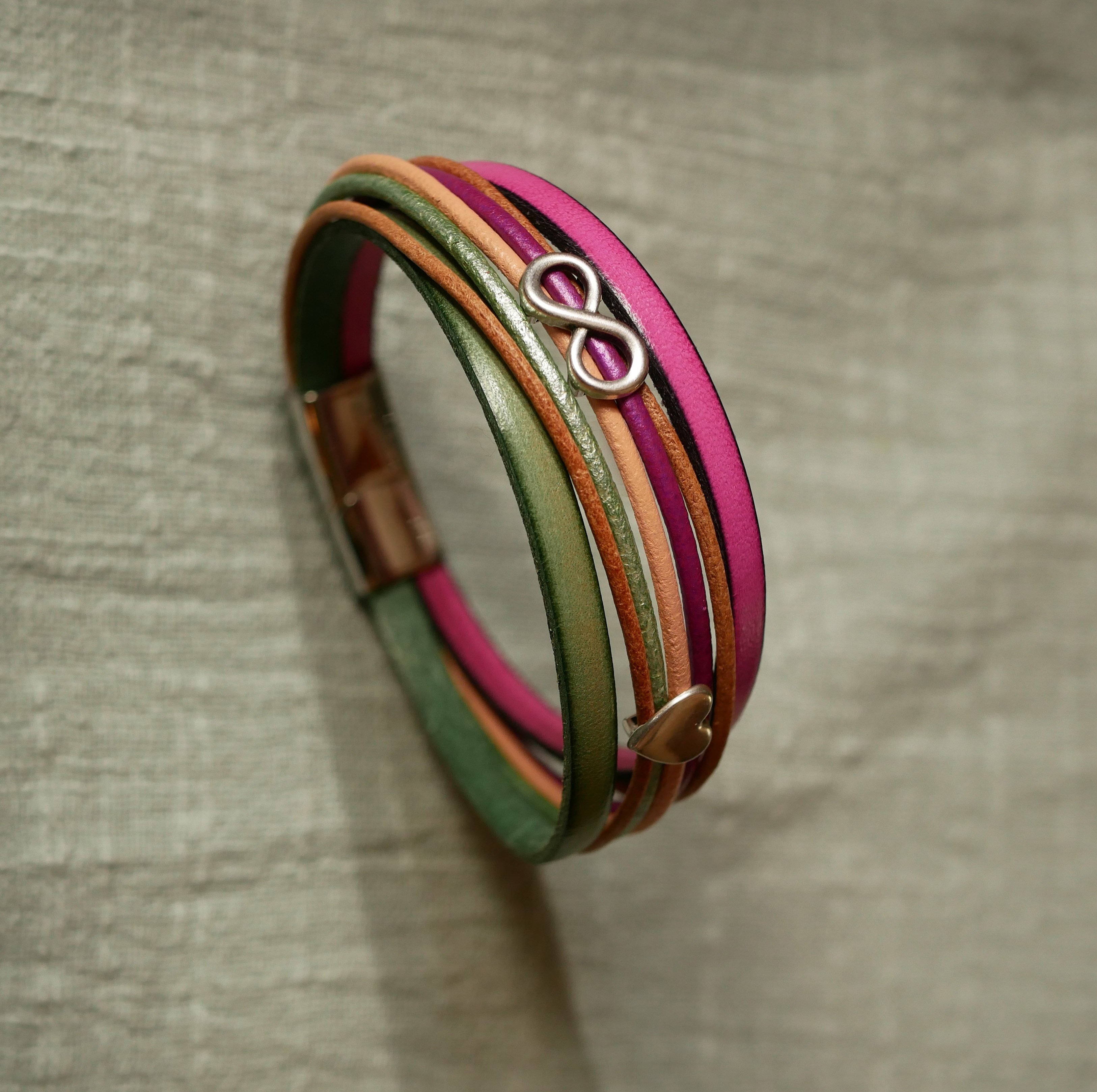 Fuchsia leather cuff bracelet with 2 silver-plated loops