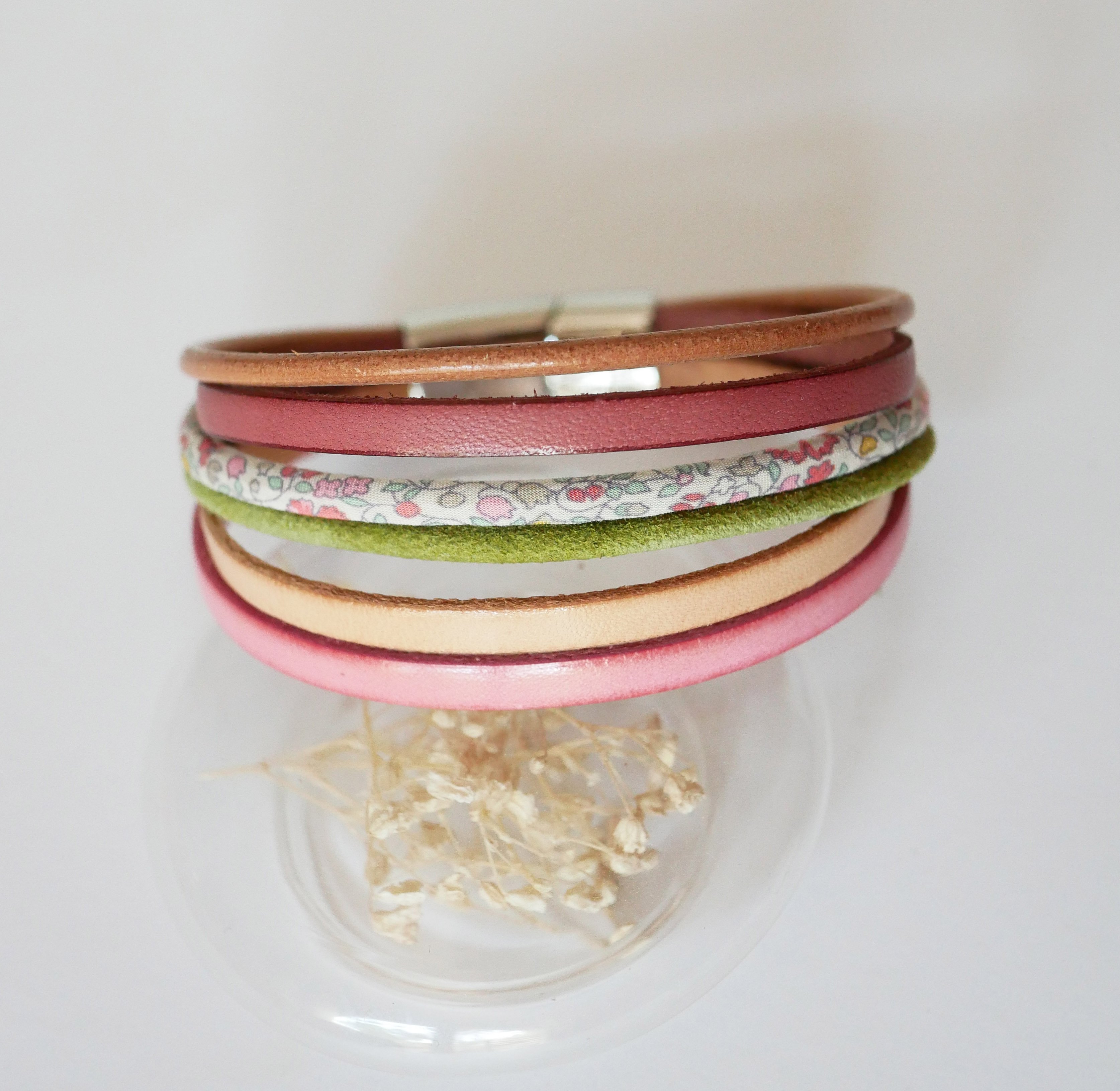 Pastel leather and floral Liberty cord cuff bracelet