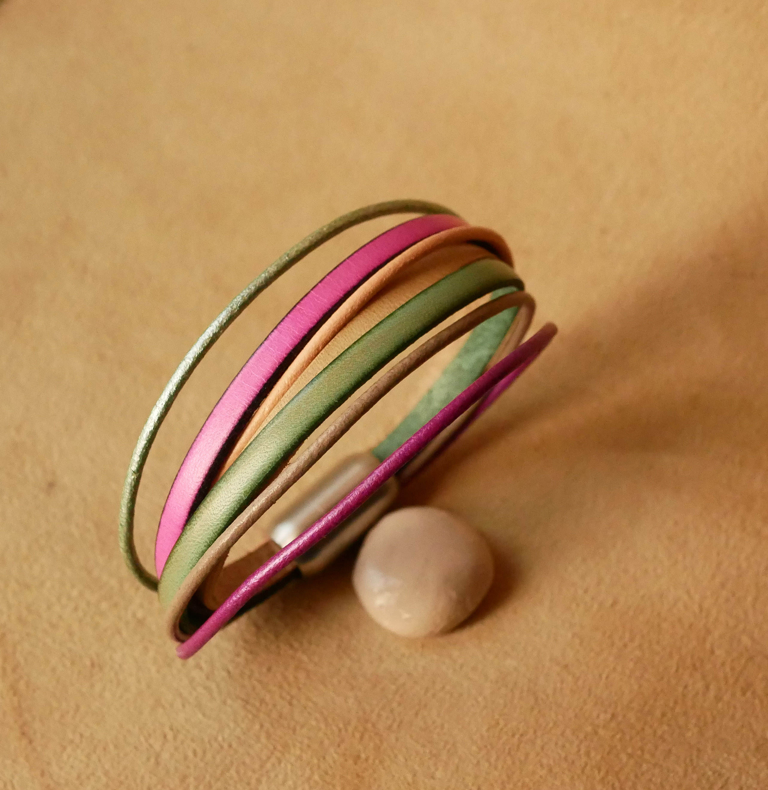 Women's multi-leather cuff bracelet in spring tones