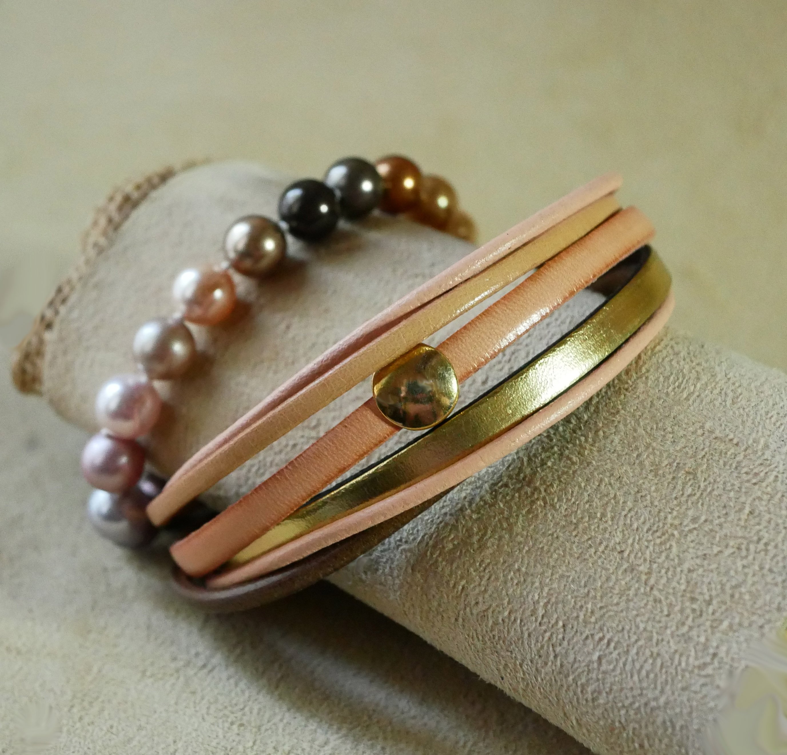 Women's peach and gold multi-leather cuff bracelet