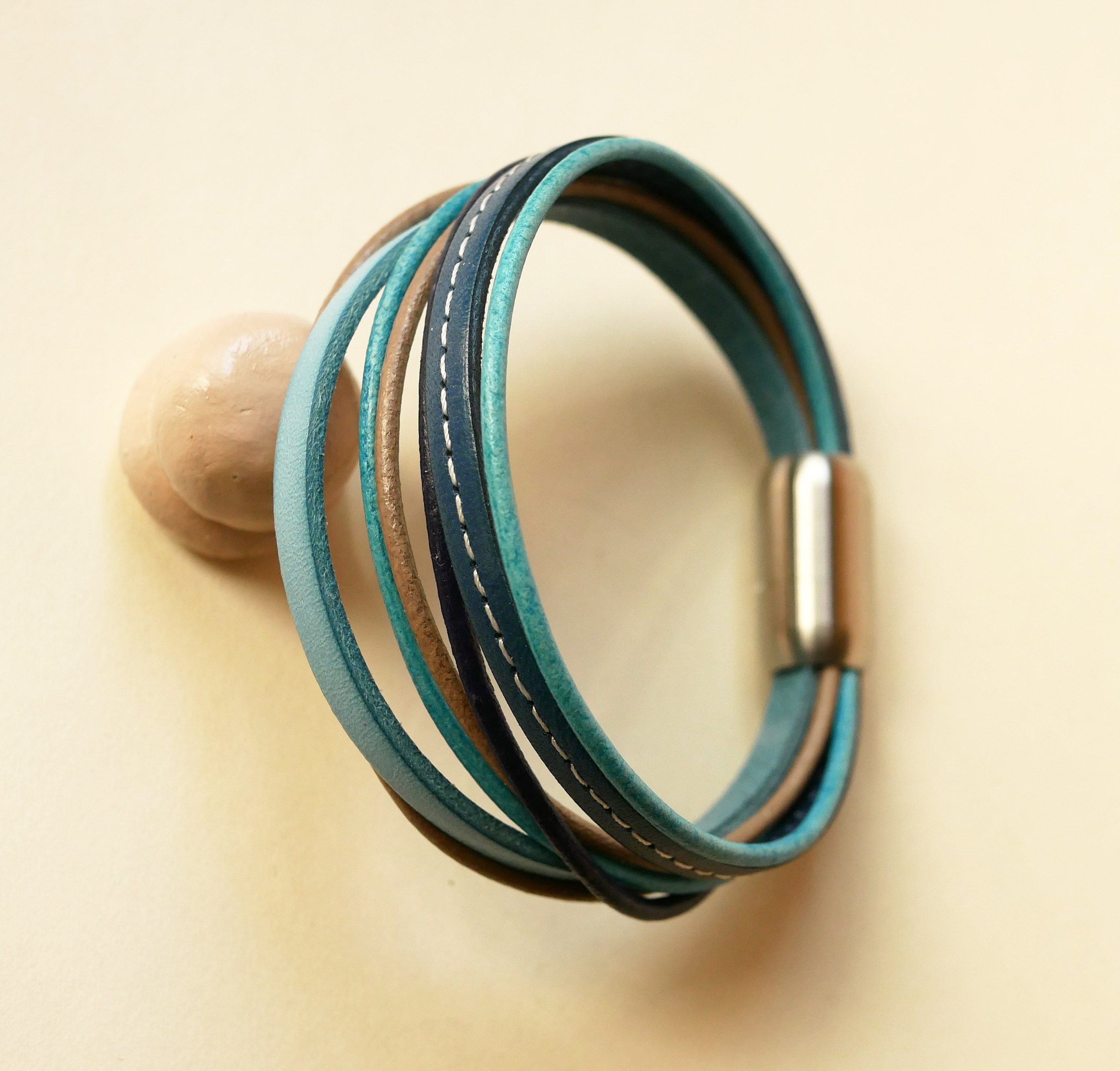 Women's multi-leather cuff bracelet in blue tones