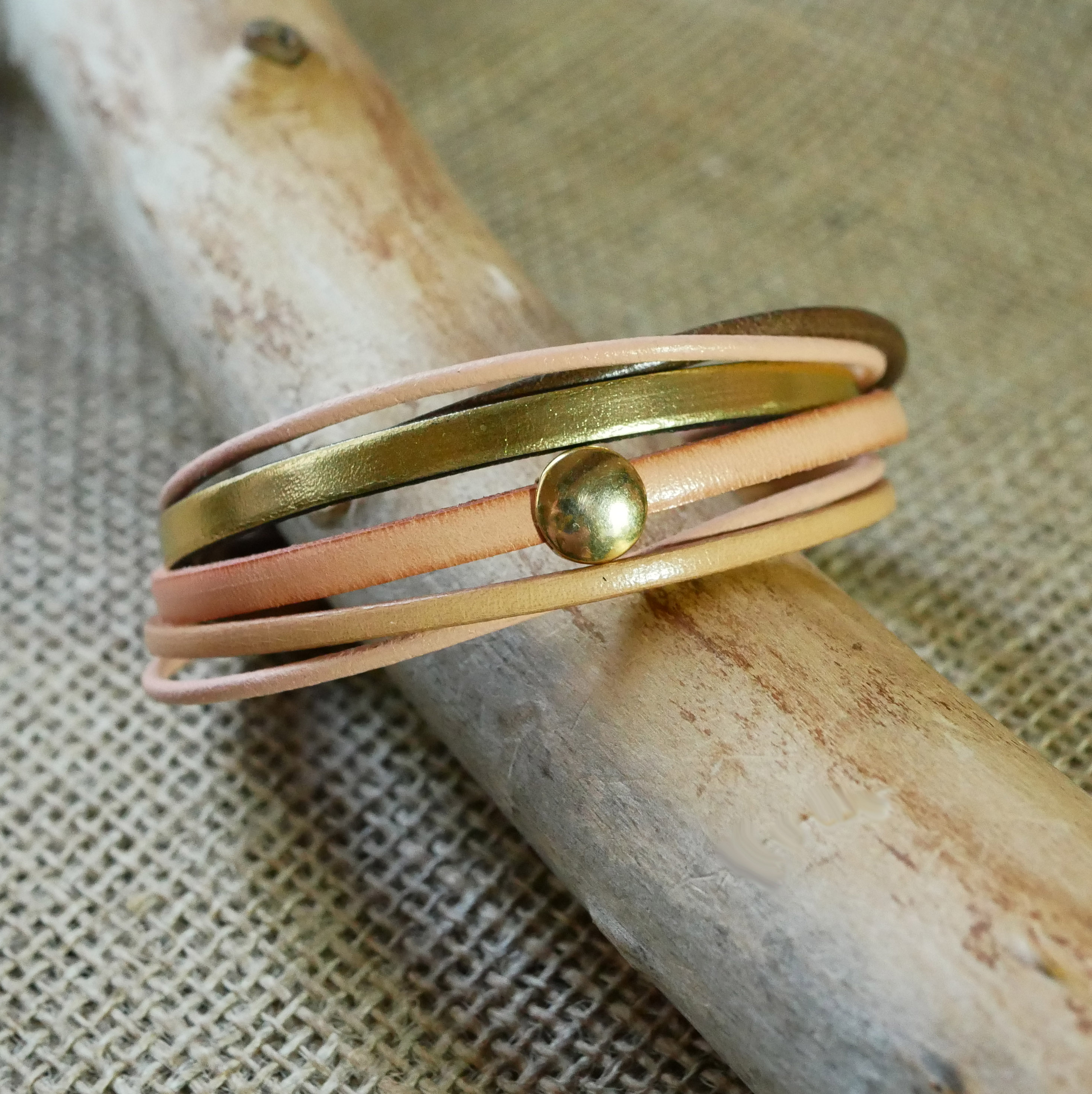 Women's peach and gold multi-leather cuff bracelet