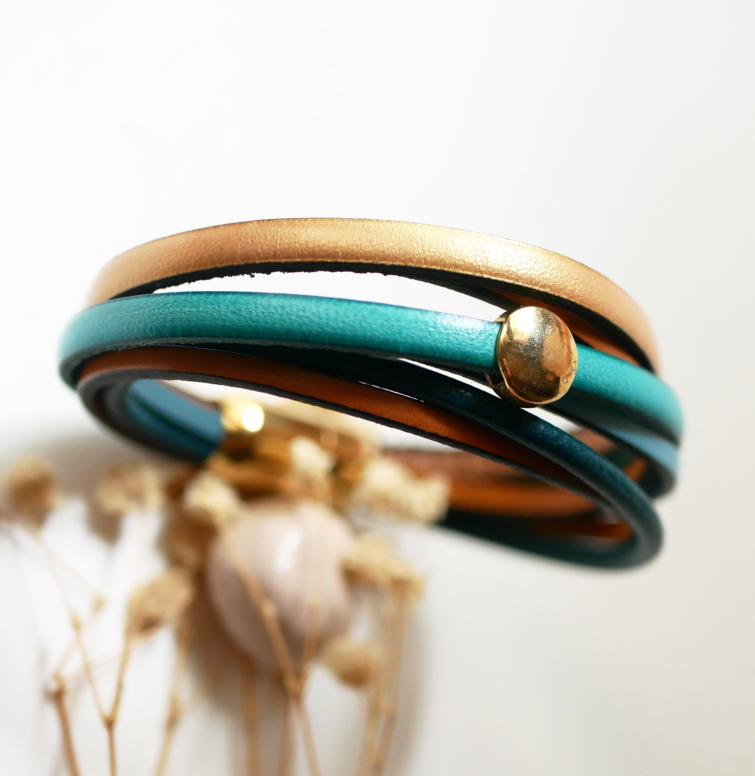 Multi-leather cuff bracelet for women in blue and gold tones