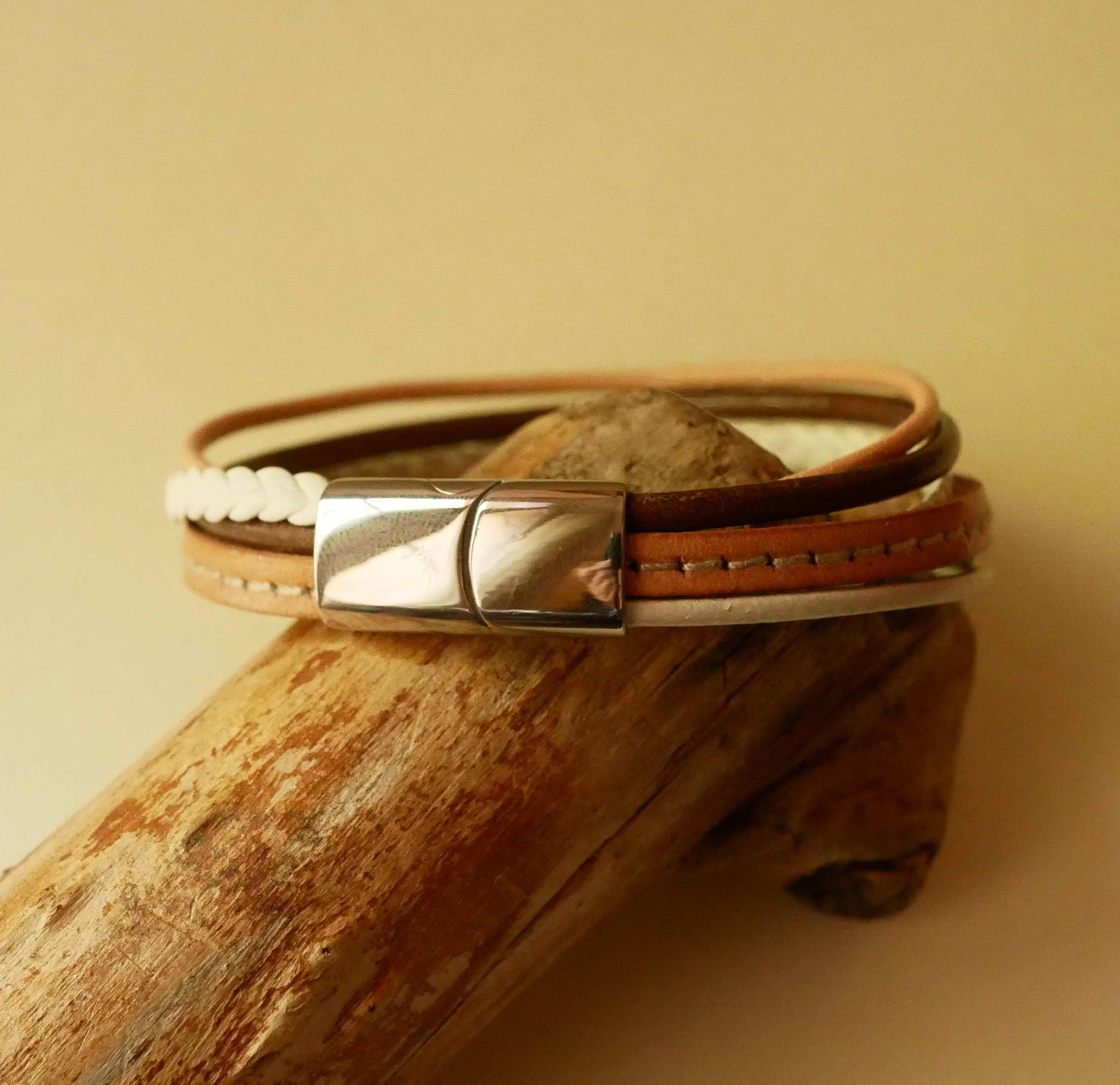 Beige multi-leather cuff bracelet for women