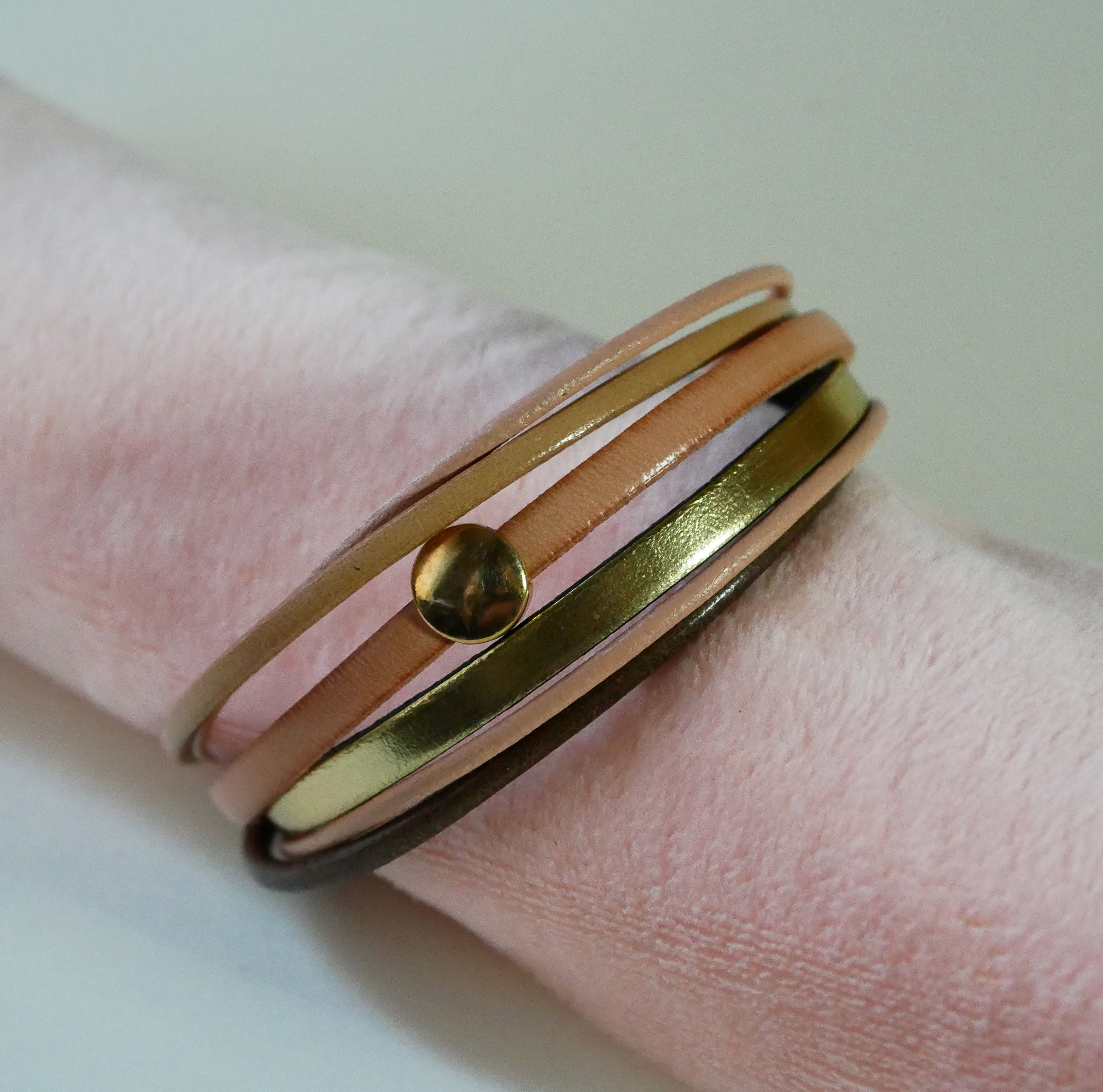 Women's peach and gold multi-leather cuff bracelet