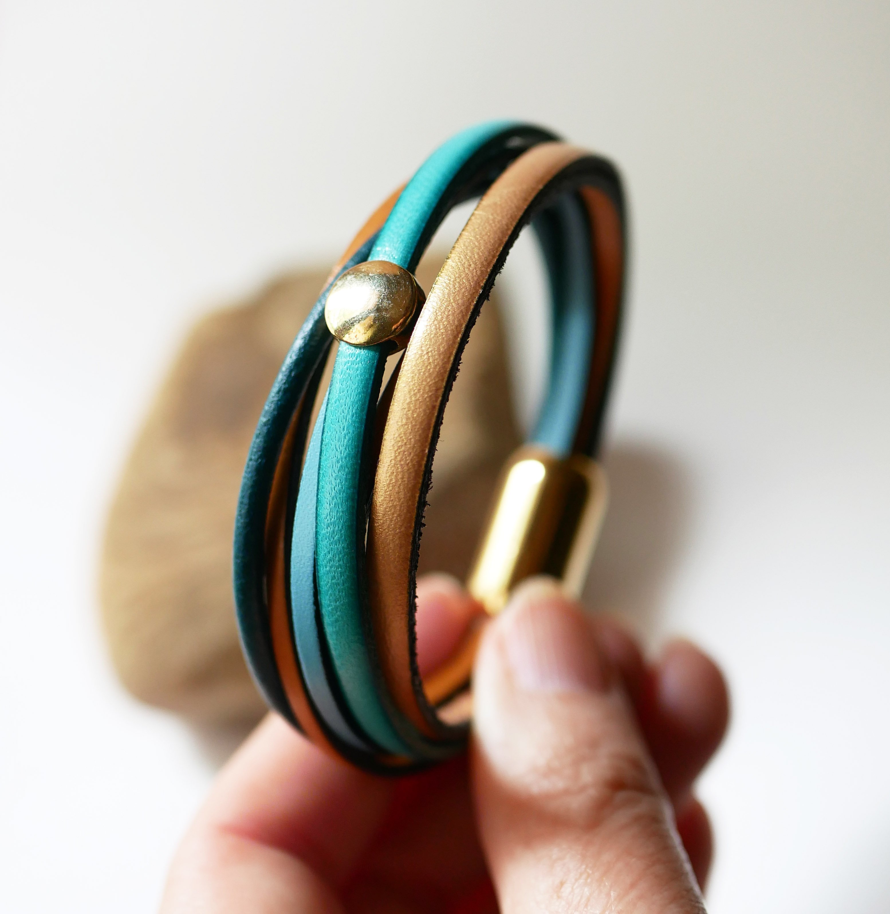 Multi-leather cuff bracelet for women in blue and gold tones