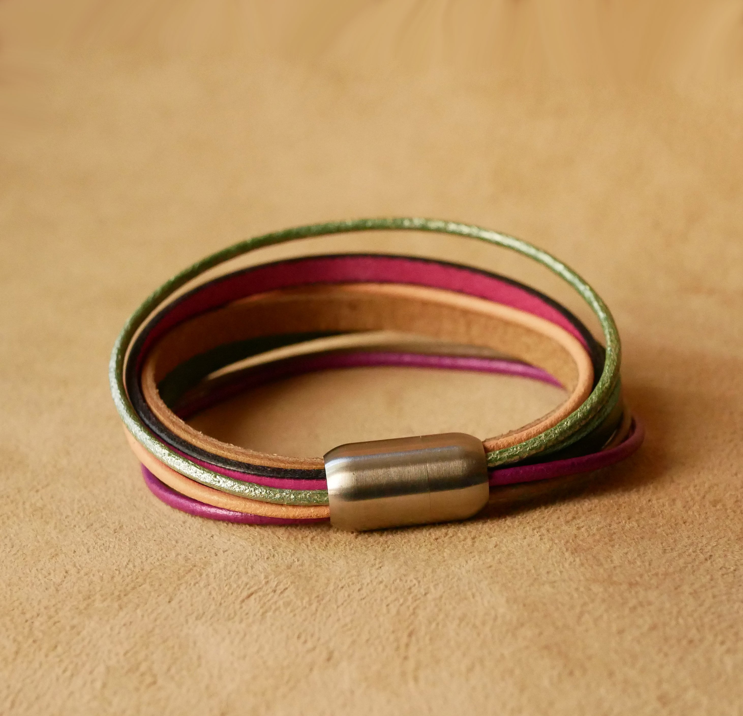 Women's multi-leather cuff bracelet in spring tones