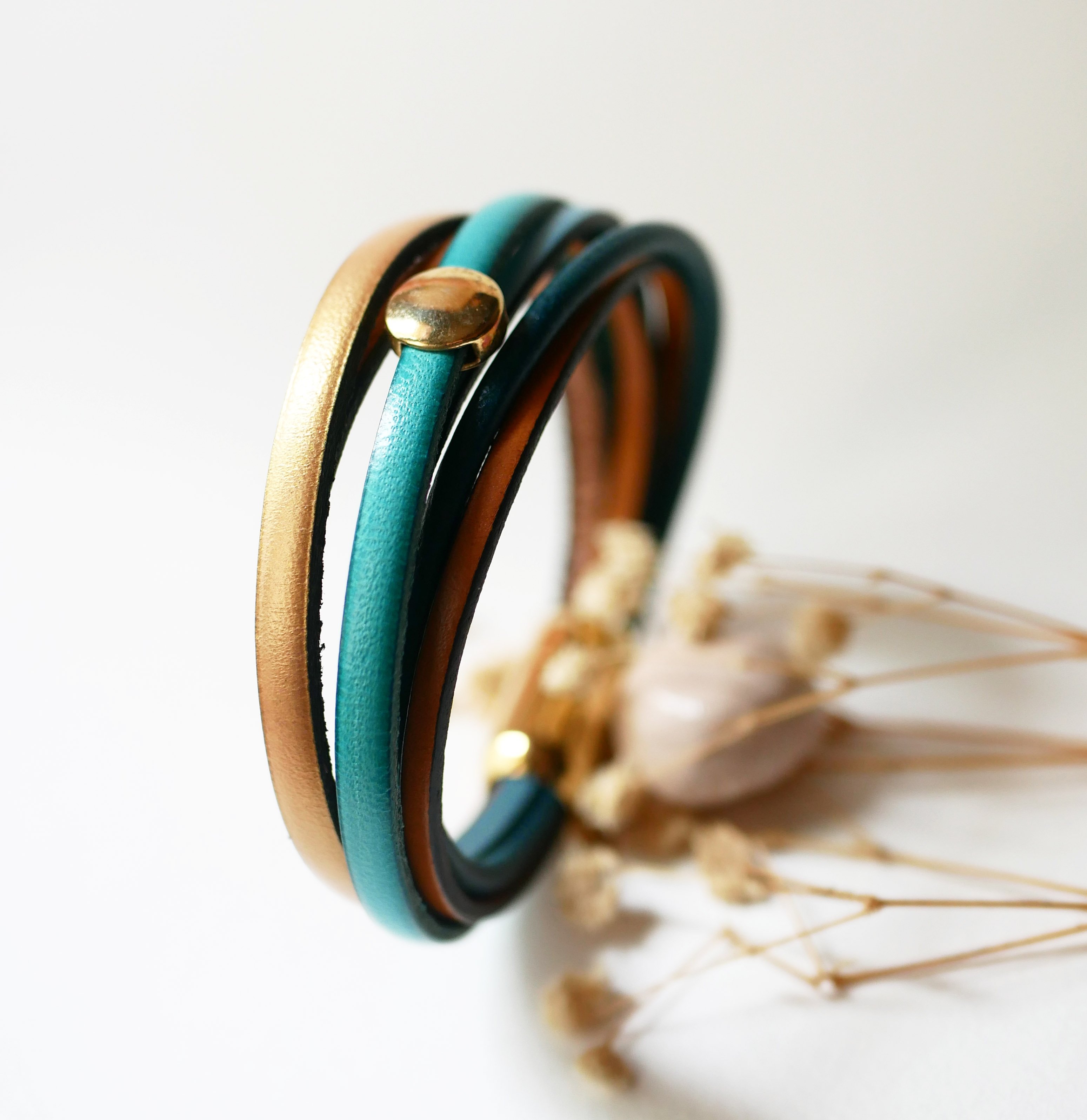 Multi-leather cuff bracelet for women in blue and gold tones