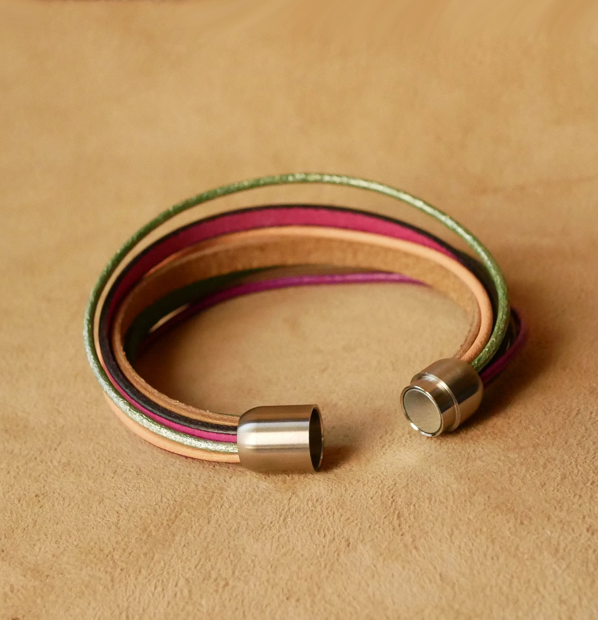 Women's multi-leather cuff bracelet in spring tones