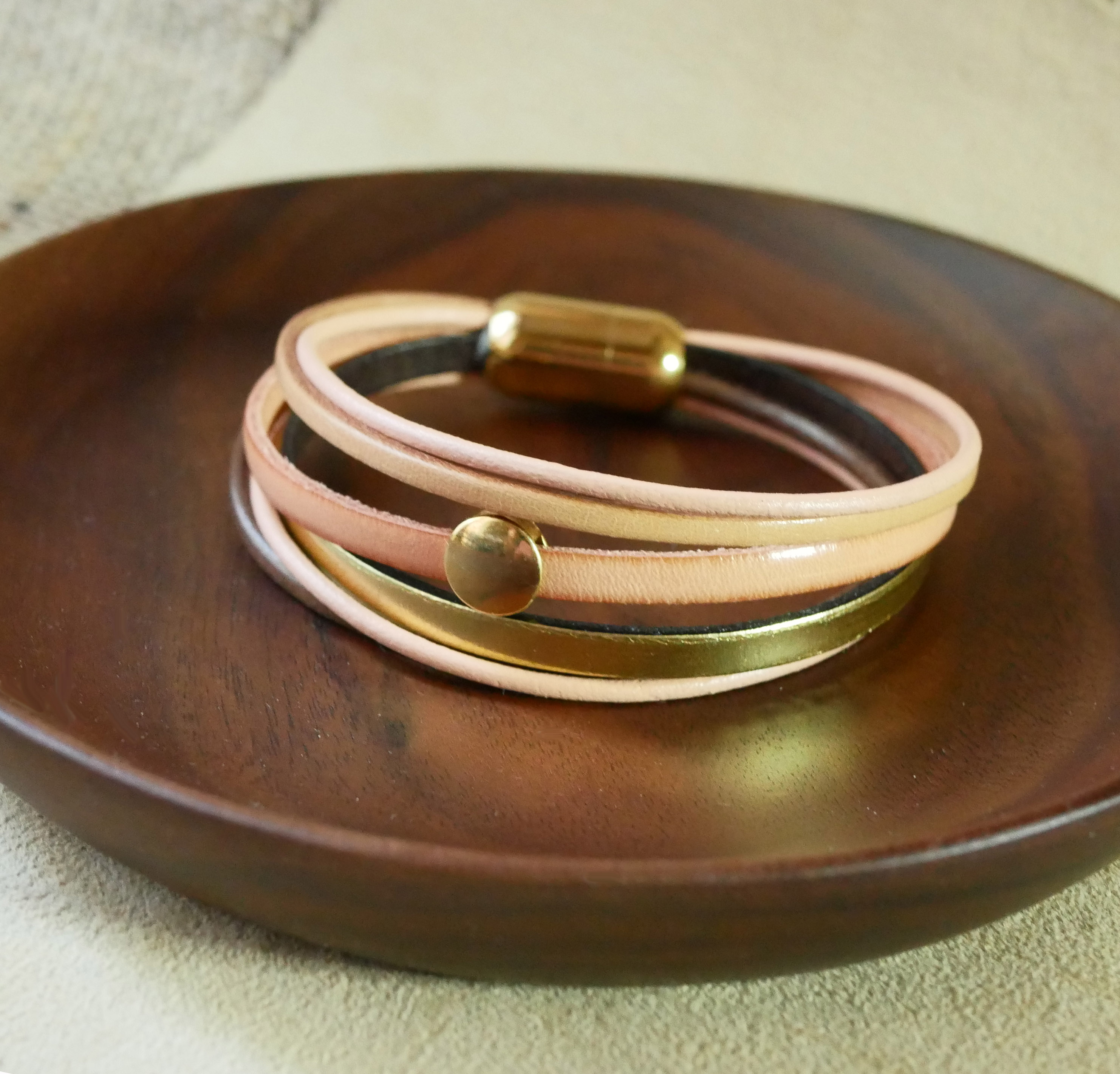 Women's peach and gold multi-leather cuff bracelet