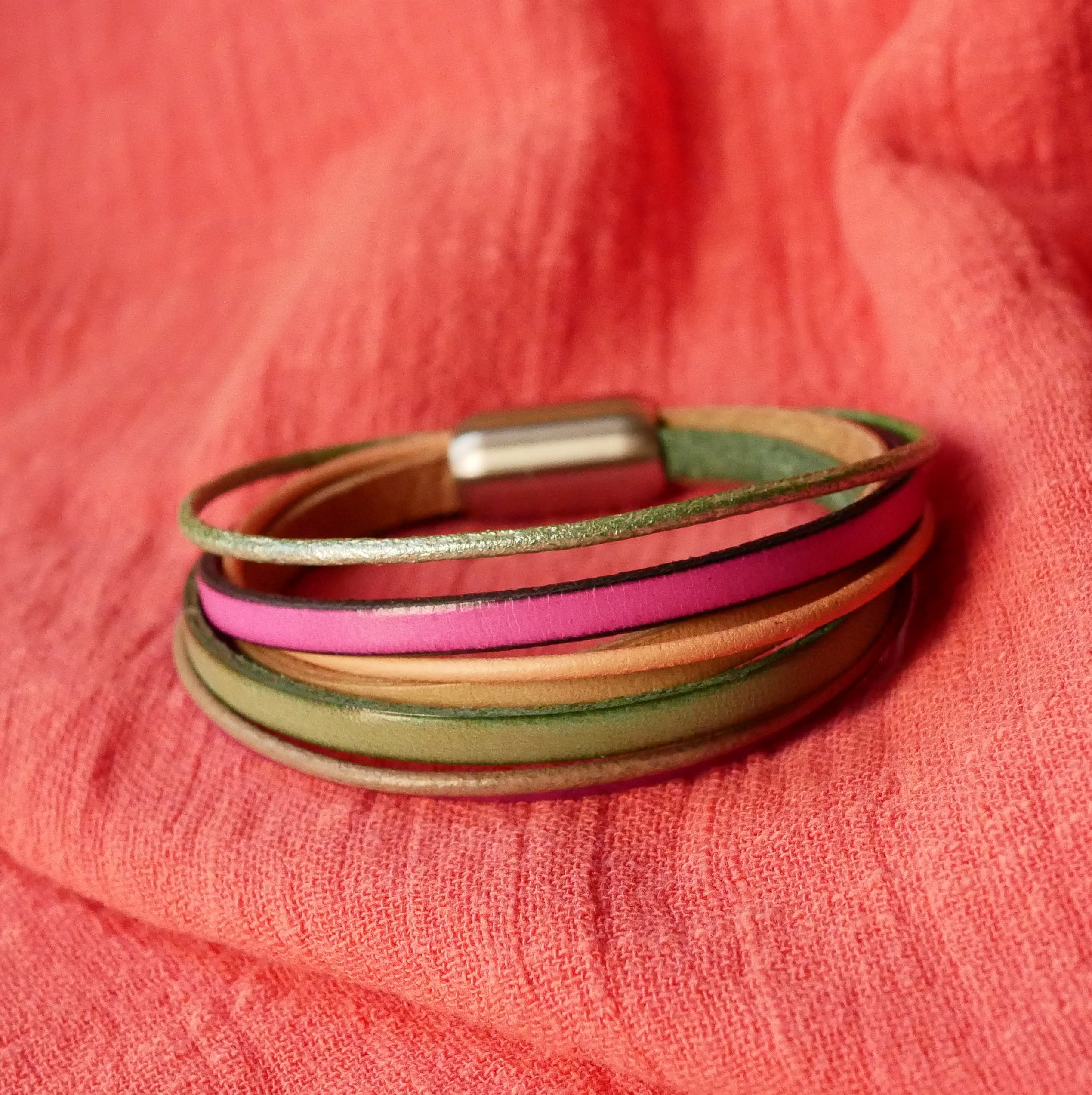 Women's multi-leather cuff bracelet in spring tones