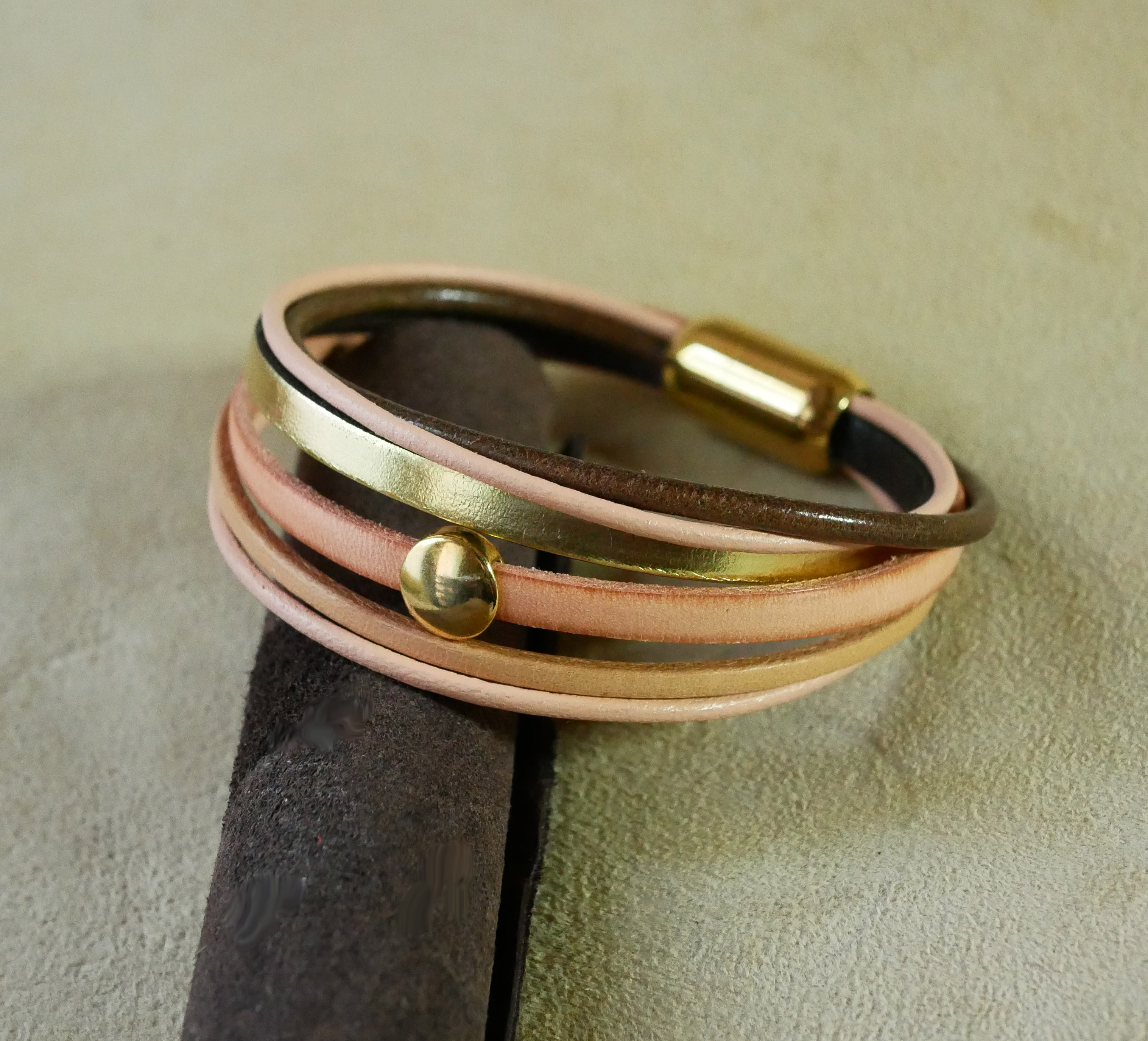 Women's peach and gold multi-leather cuff bracelet