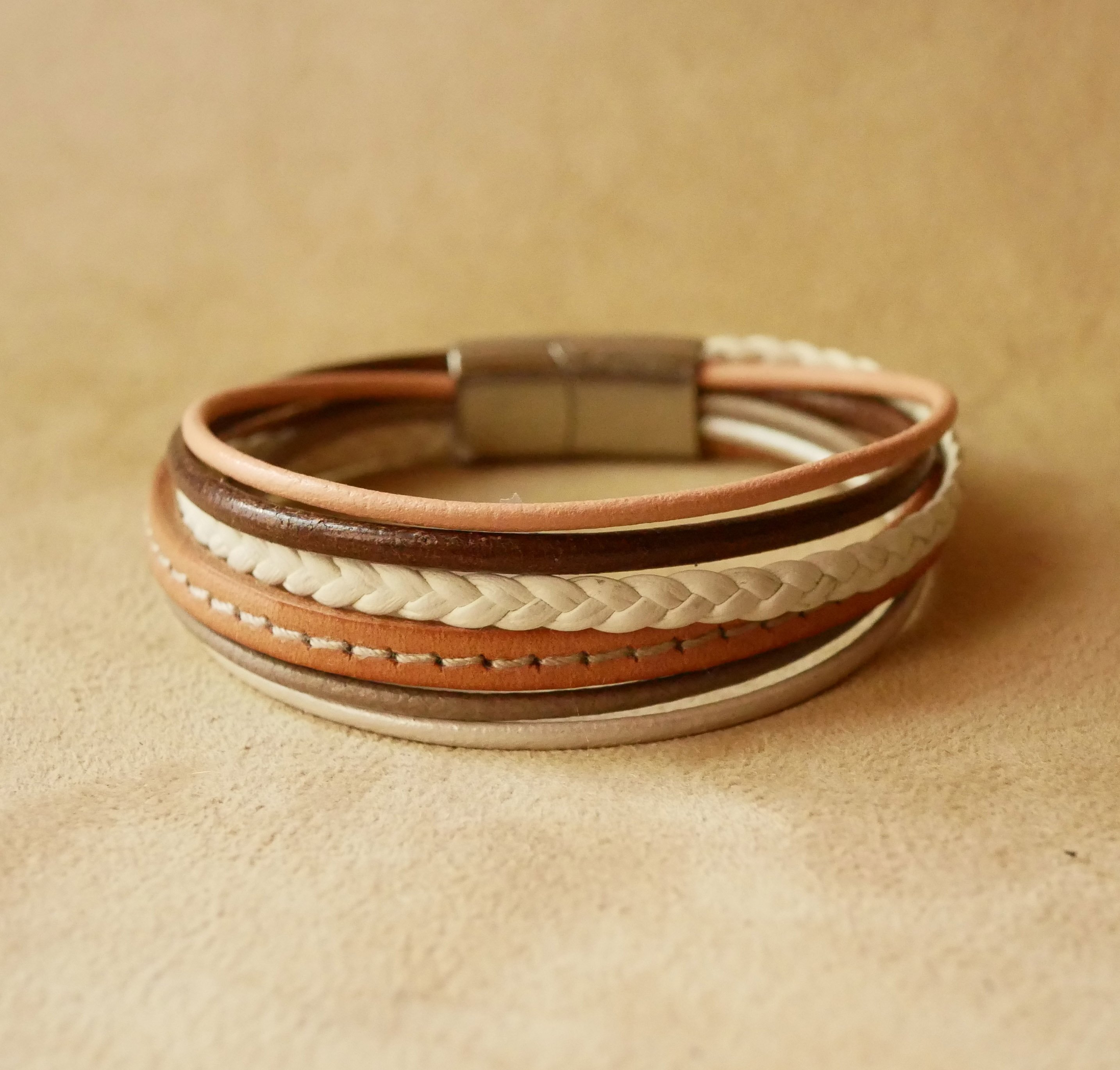 Beige multi-leather cuff bracelet for women