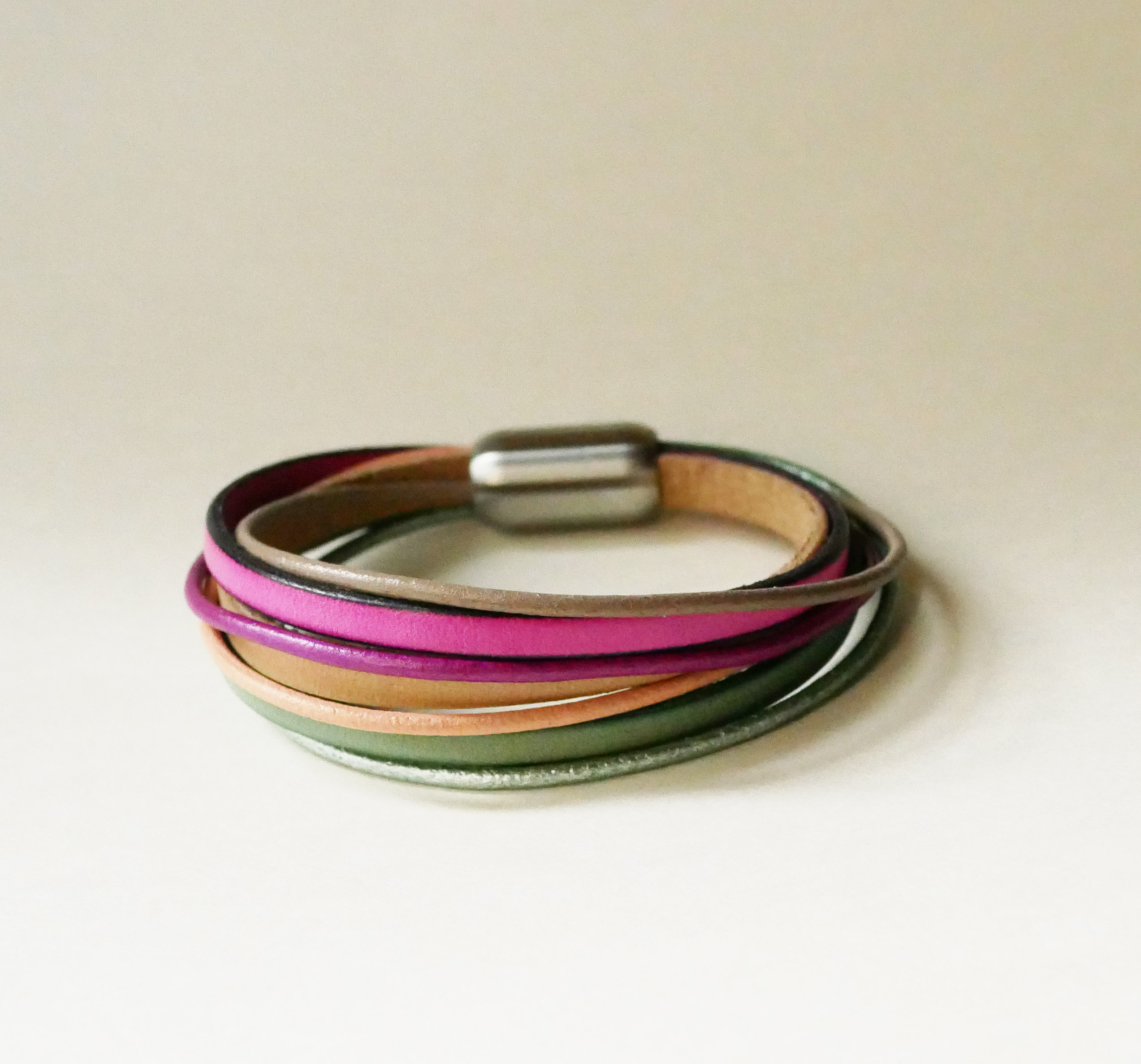 Women's multi-leather cuff bracelet in spring tones