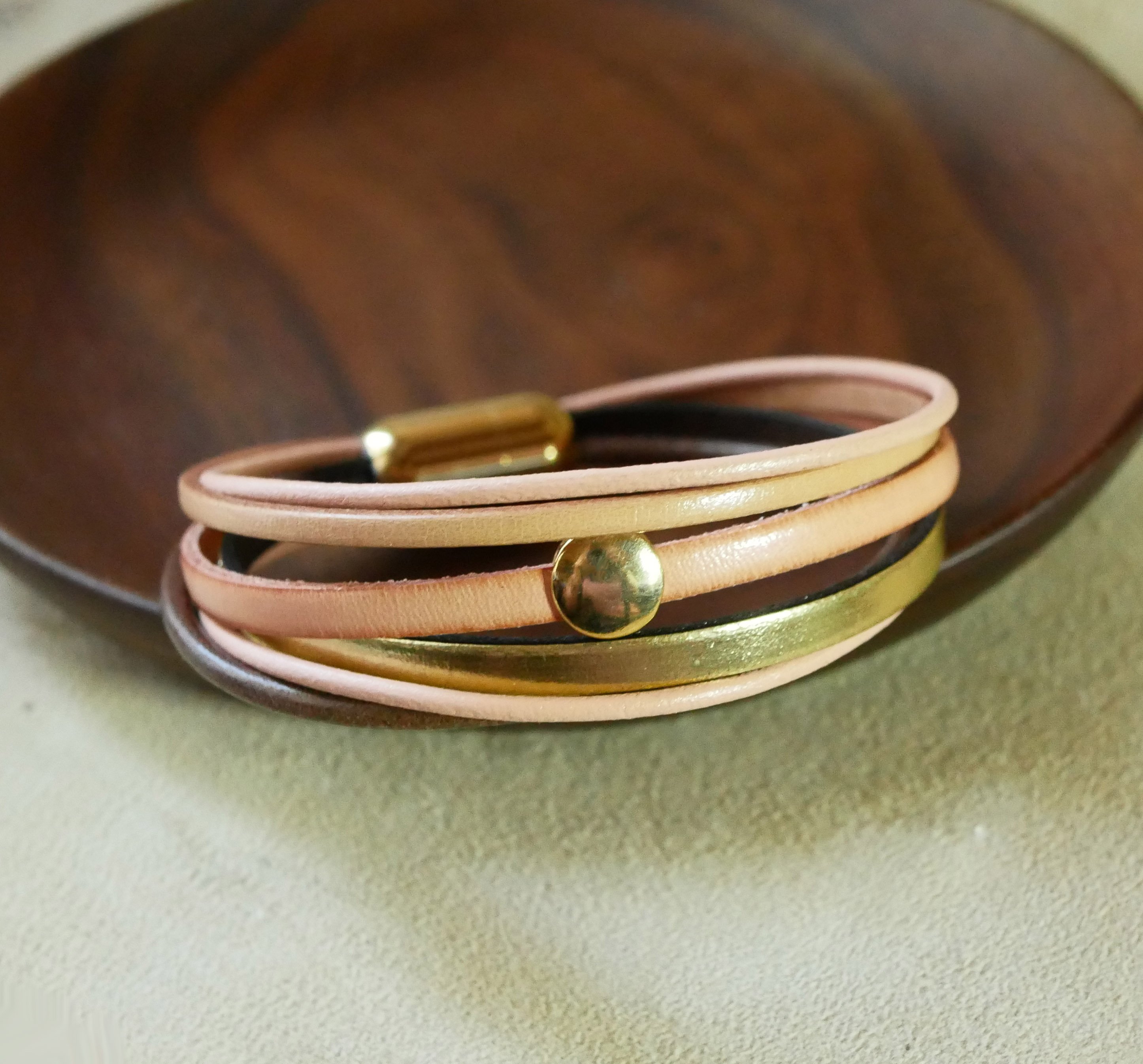 Women's peach and gold multi-leather cuff bracelet