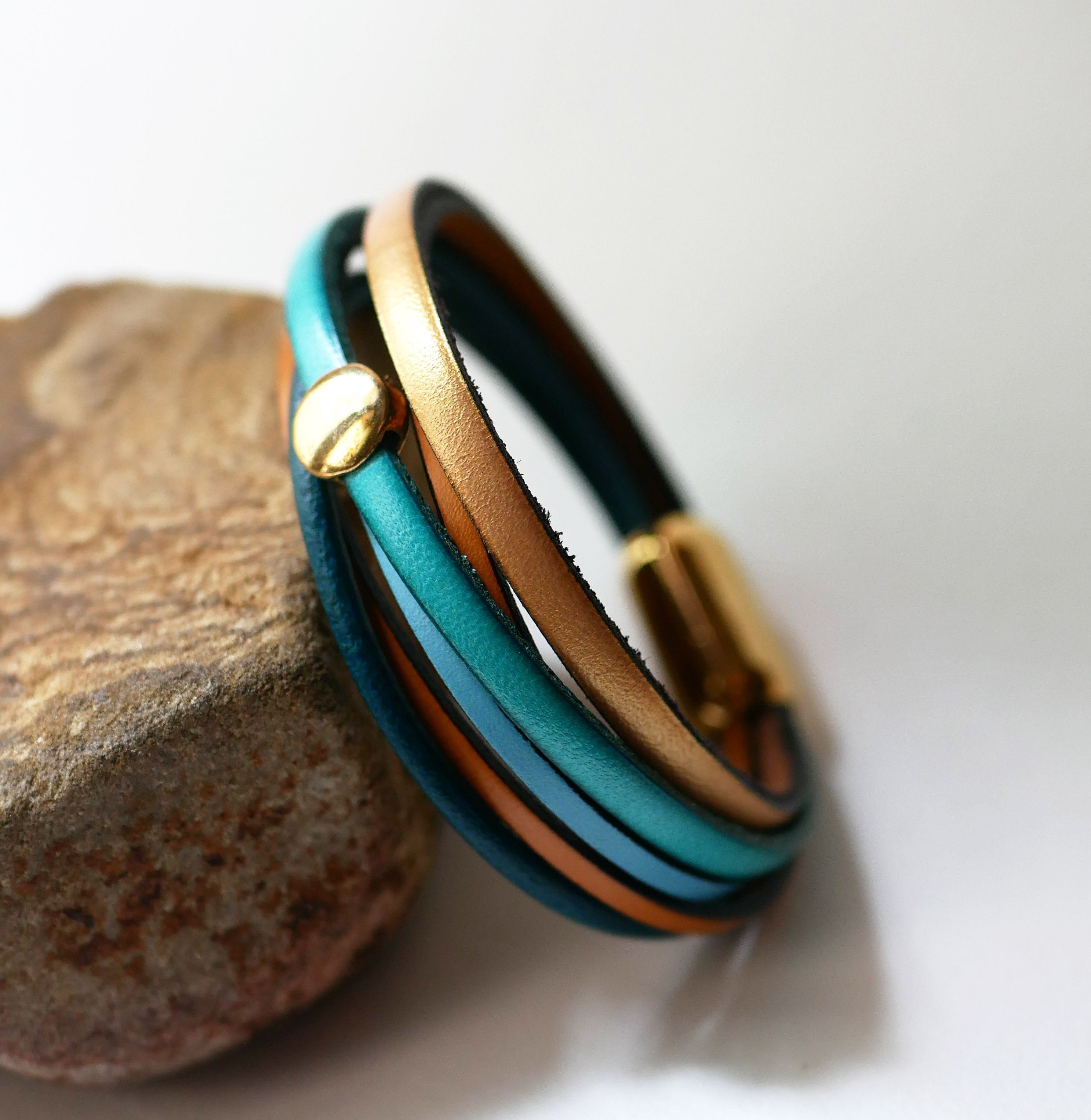 Multi-leather cuff bracelet for women in blue and gold tones
