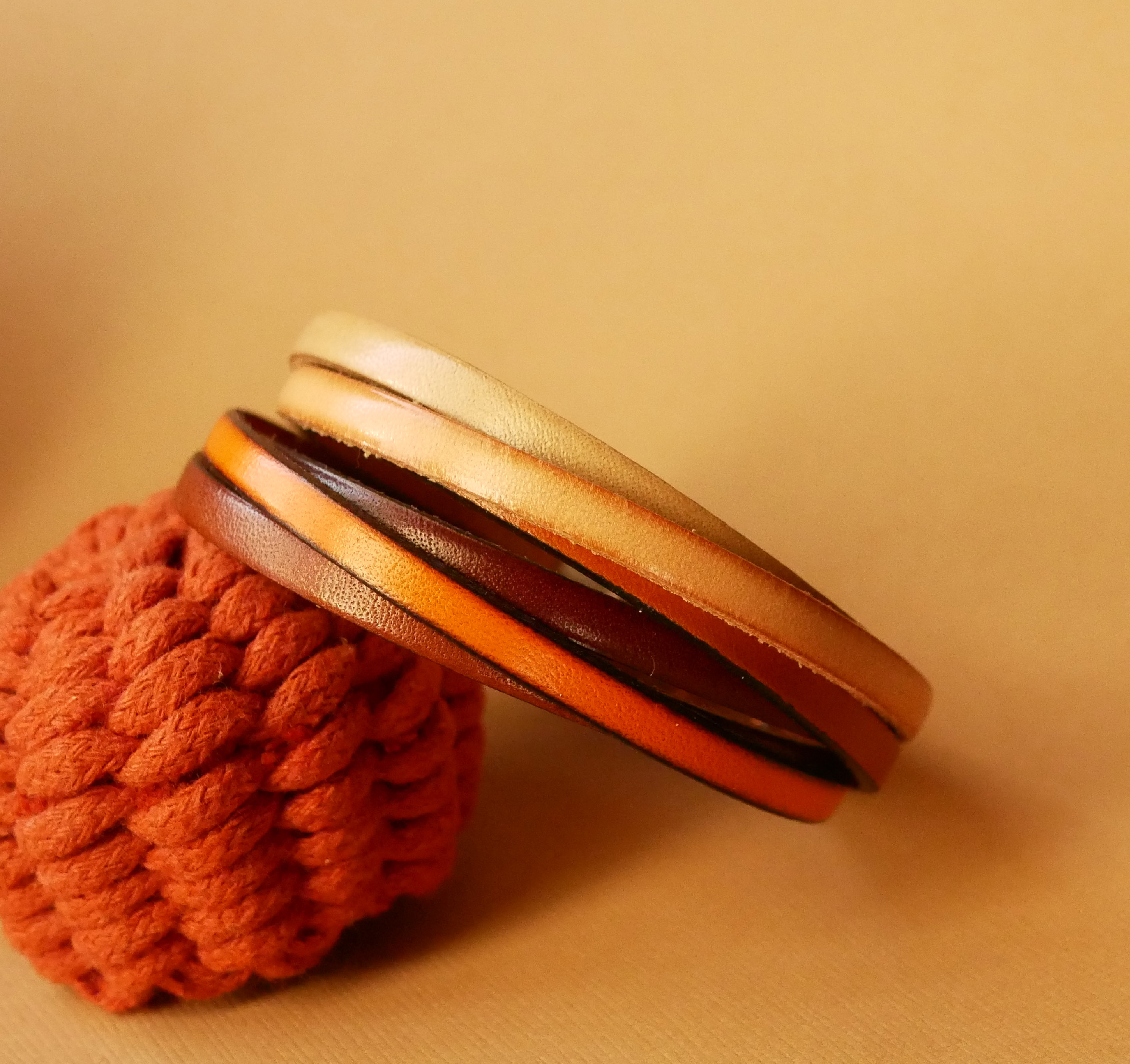 Ochre-colored multi-leather cuff bracelet