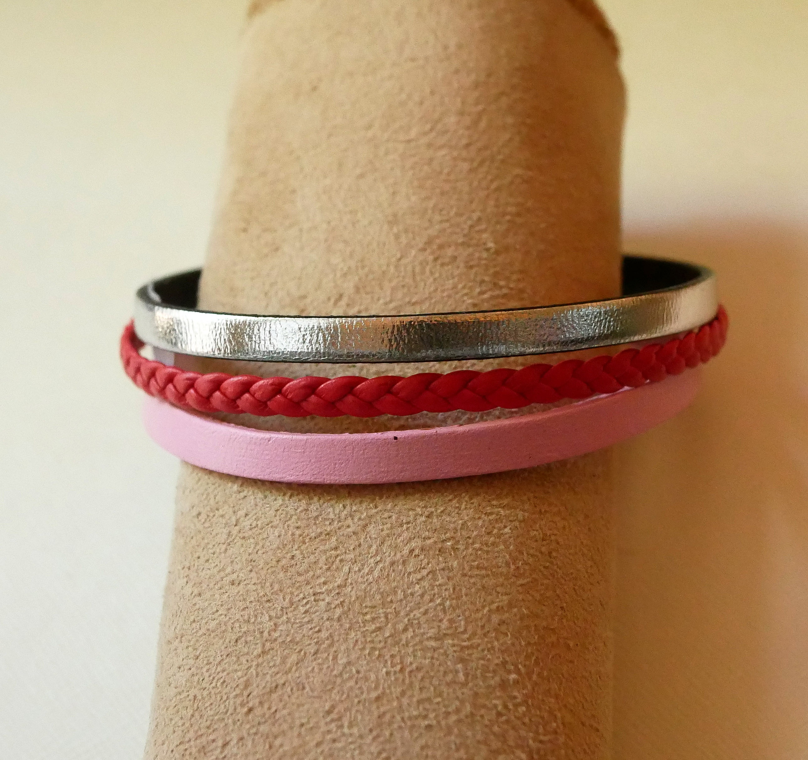 Coral red braided multi-leather cuff bracelet with silver and pink leather