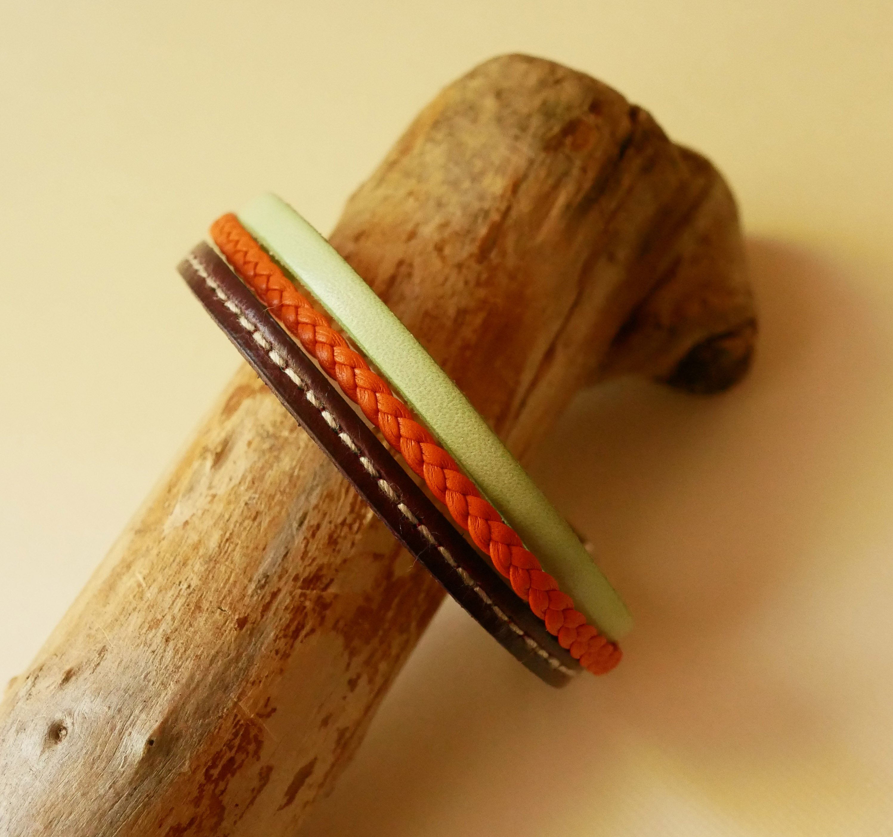 Multi-leather cuff bracelet Almond, braided Orange and stitched Bordeaux